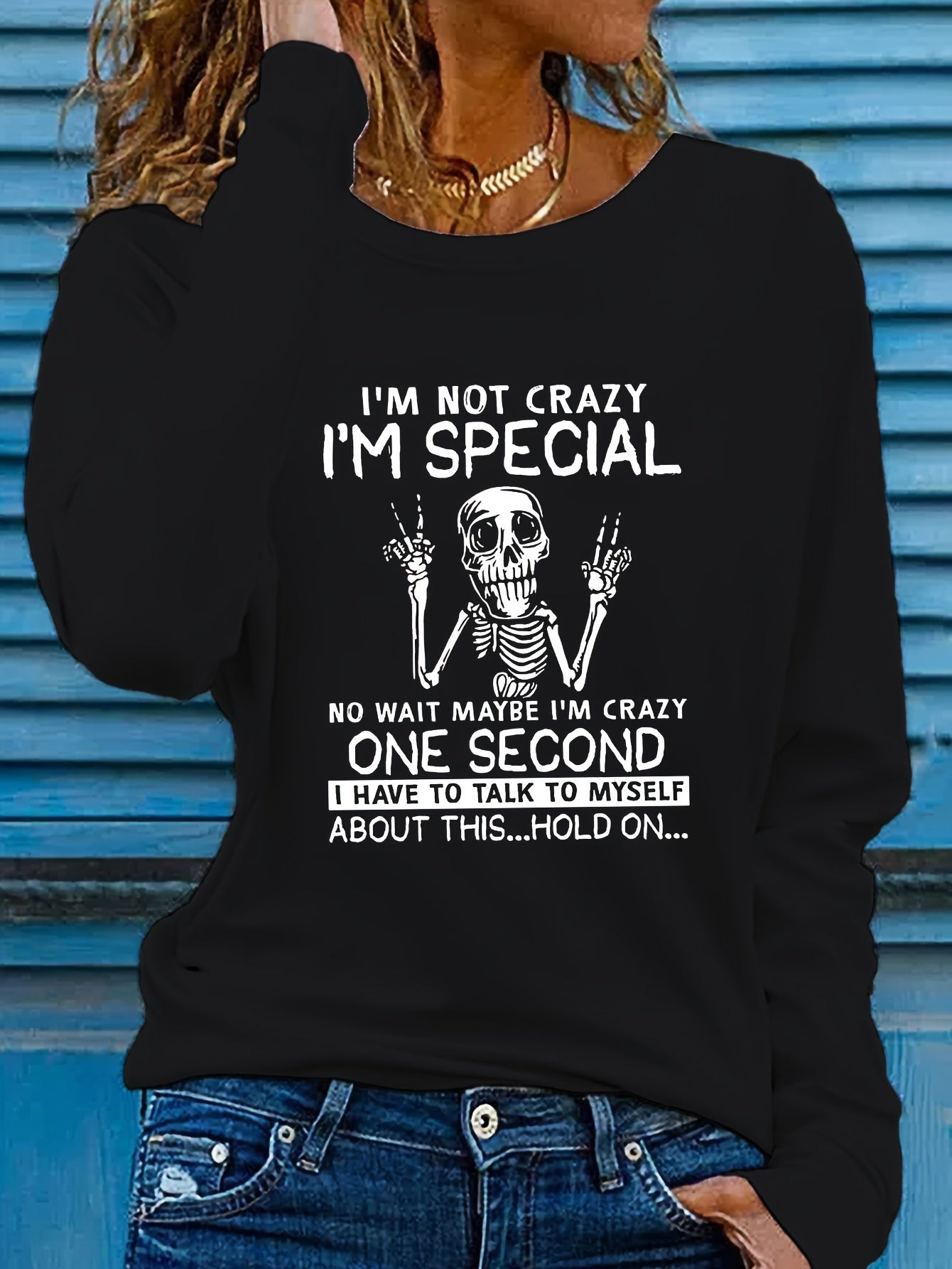 [Graphic T-Shirt] Humorous Graphic Women's Long Sleeve T-Shirt | "I'm Not Crazy" Letter Print Crew Neck Casual Top, Heather Gray, Machine Washable, Spring & Fall Essential, Allseason Fabric