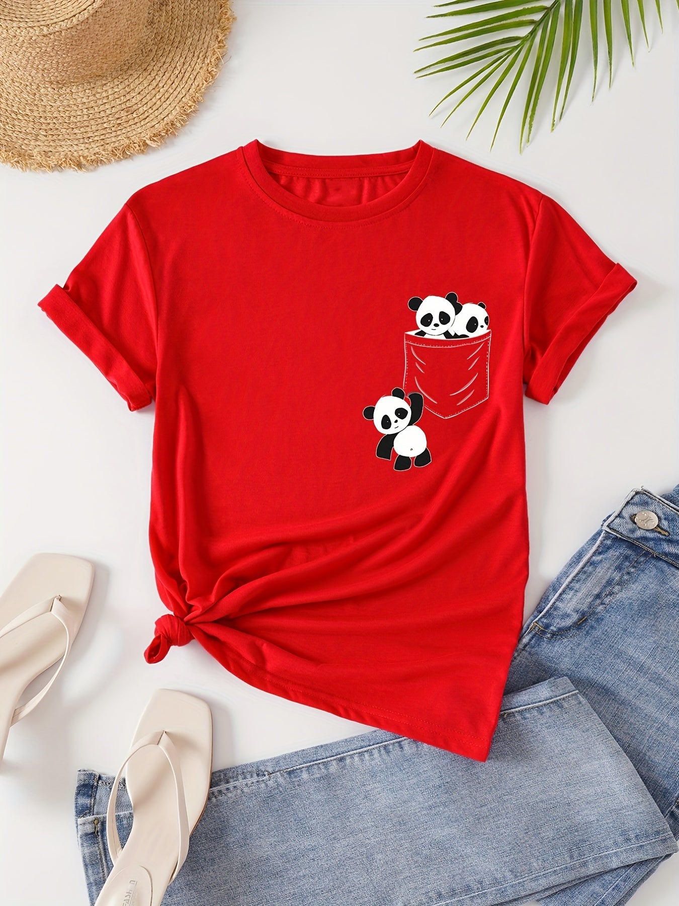 Panda Print Crew Neck T-Shirt, Casual Short Sleeve T-Shirt For Spring & Summer, Women's Clothing