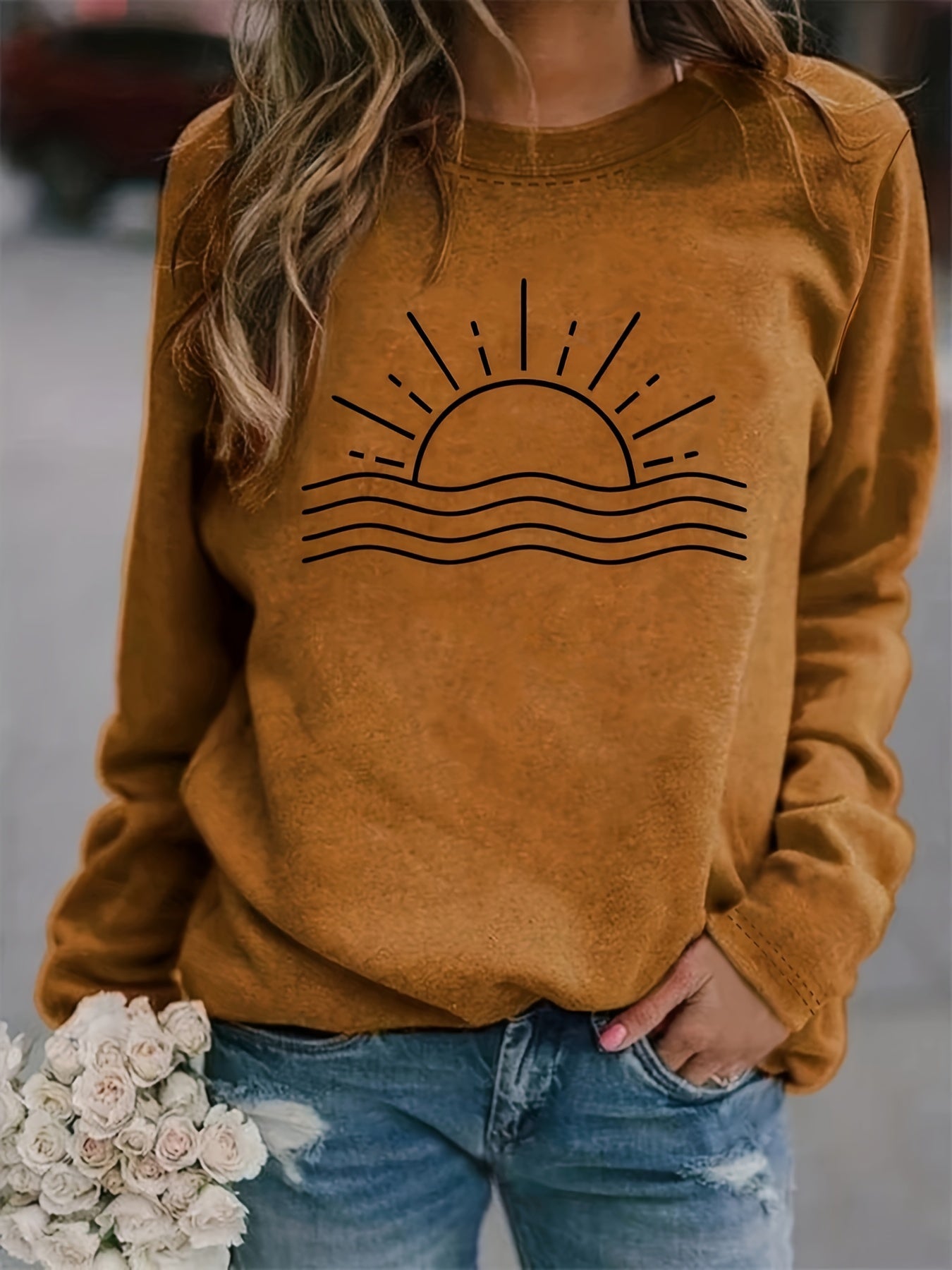 Women's Soft Pink Long Sleeve Crew Neck T-Shirt - Minimalist Sunrise/Sun Drawing Print, Smooth Polyester Knit Fabric, Fall/Winter Casual Attire | Machine Washable | Micro Elasticity