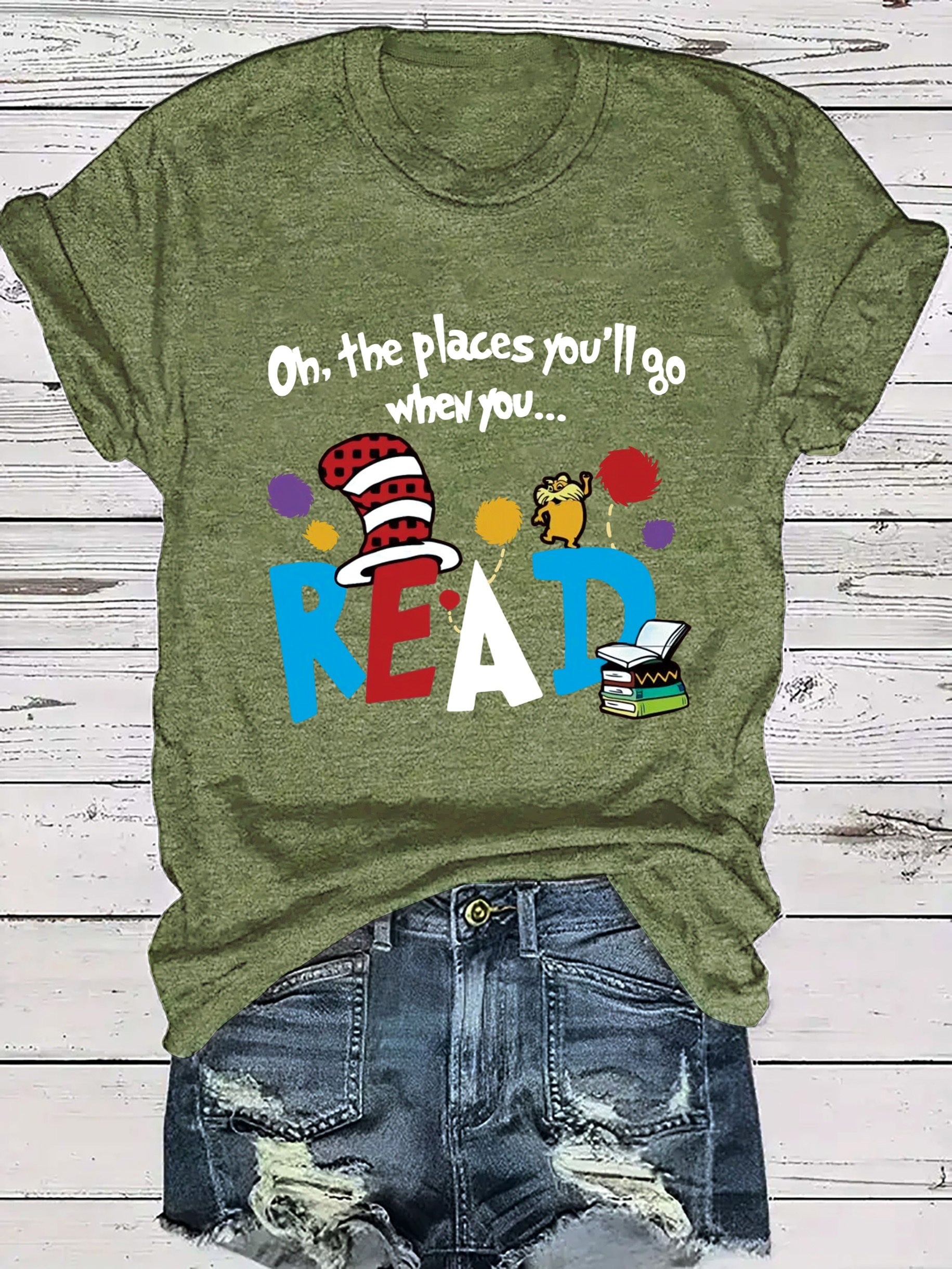 Women's Casual Short Sleeve T-Shirt - Vibrant Orange Cartoon Letter Print with Playful Book & Cat Design, "On the Places You'll Go" Graphic, Soft Stretch Round Neck Tee for Summer & All-Season Wear, Ladies T Shirts, Comfortable Tee, Playful Design,