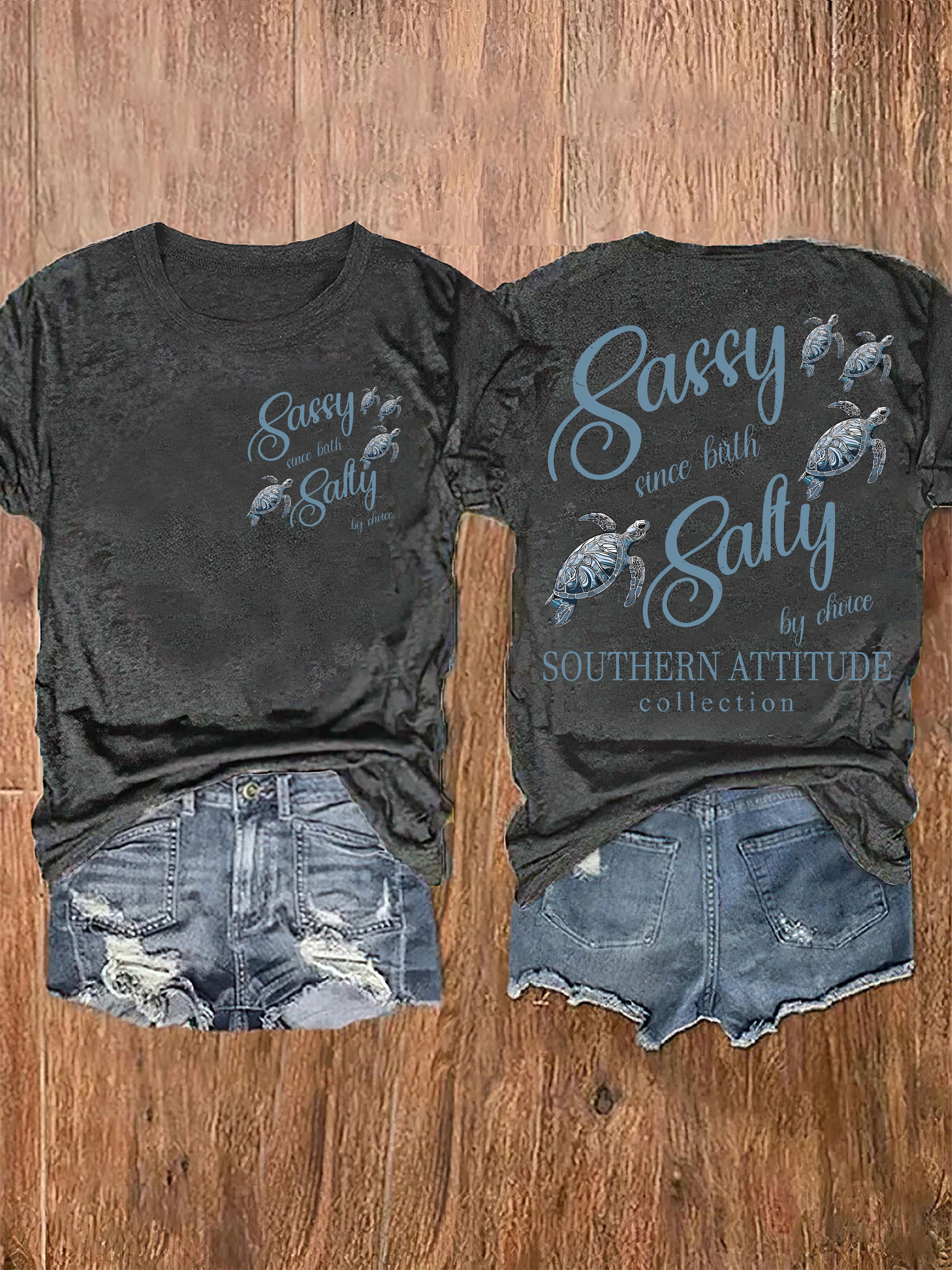 [Vibrant Red T-Shirt] Vibrant Red Women's Casual Short Sleeve T-Shirt | "Salty Like Me" Sea Turtle Graphic Print, Relaxed Fit Round Neck Top, Medium Stretch Machine Washable All-Season Beach Vacation & Casual Attire, Summer Clothing, Notch Detail Shirt,