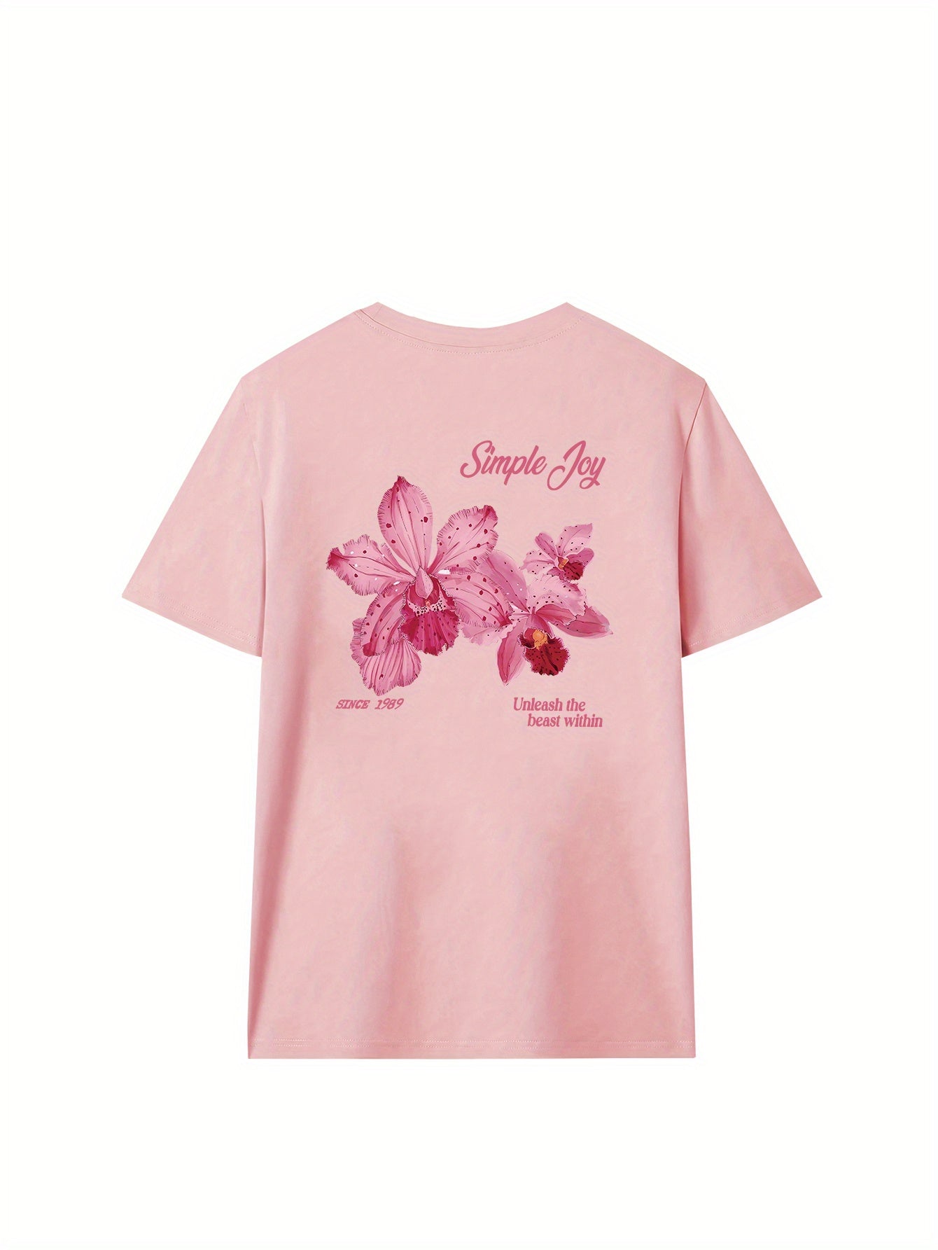 Women's Light Pink Floral & "Simple Joy" Letter Print T-Shirt - Summer Short Sleeve Round Neck Loose Fit Casual Top with Orchid Design, Breathable Everyday Shirt for Spring/Summer Outfits, Relaxed Style, Spring Fashion, Comfortable Fabric, Lightweight