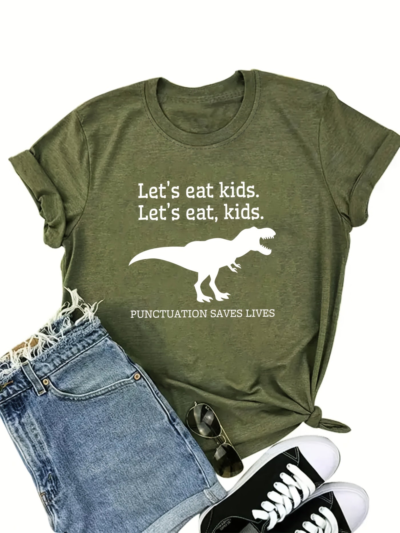[1pc Graphic Tee] 1pc Alphabet Print Graphic Tee | Dinosaur Punctuation, Casual Crew Neck, Polyester Blend, Regular Length, 95% Polyester 5% Spandex, Summer T-Shirt for Women