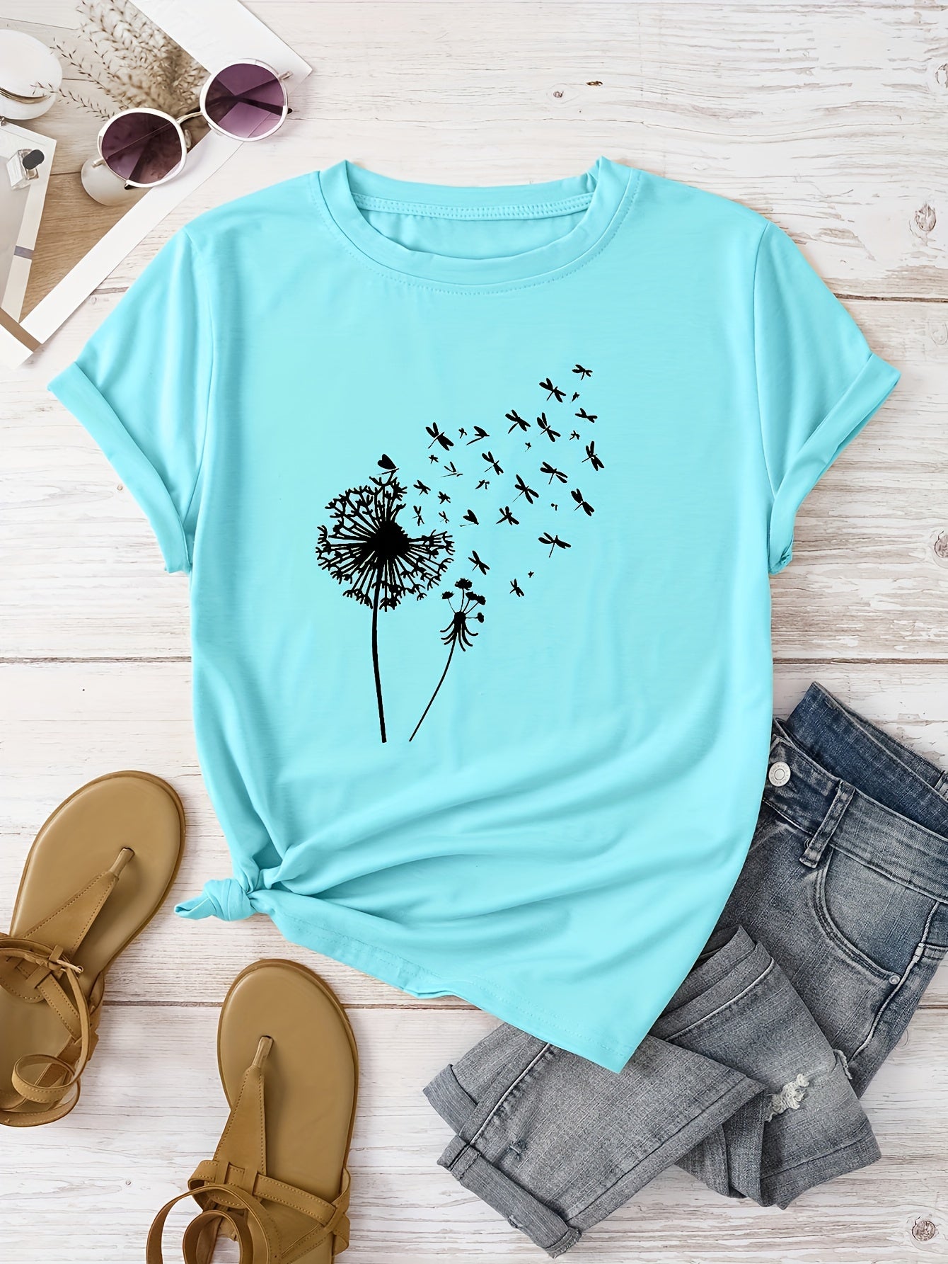 Dandelion Print Crew Neck T-Shirt, Casual Short Sleeve T-Shirt For Spring & Summer, Women's Clothing