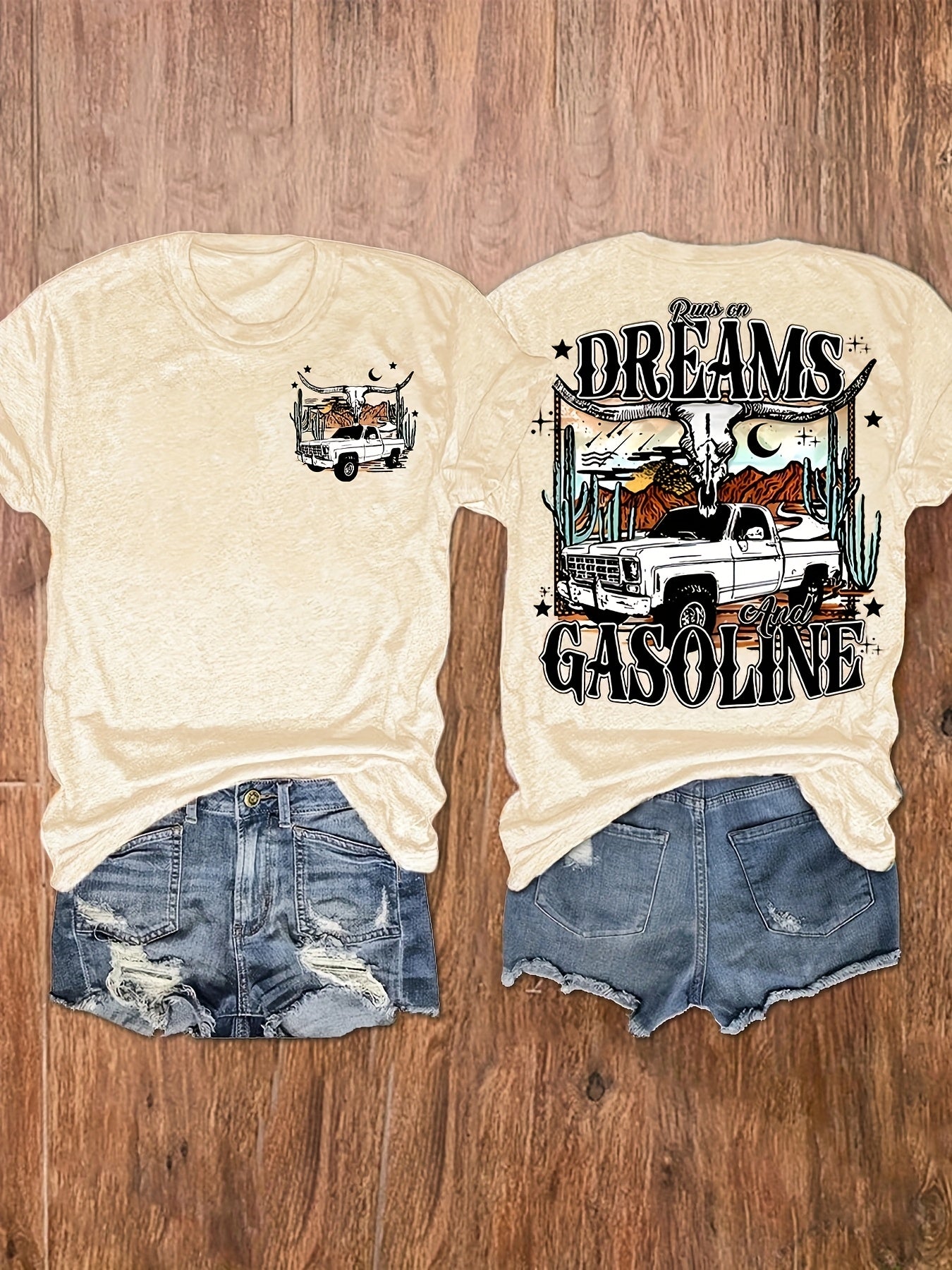 Women's Western Graphic Print T-Shirt - "DREAMS & GASOLINE" Desert Night Sky Design, Soft Stretch Crew Neck Short Sleeve Top for Summer & Spring, Casual Vacation Tee, Leisure Clothing, Cowboy Aesthetic, Nontransparent Fabric