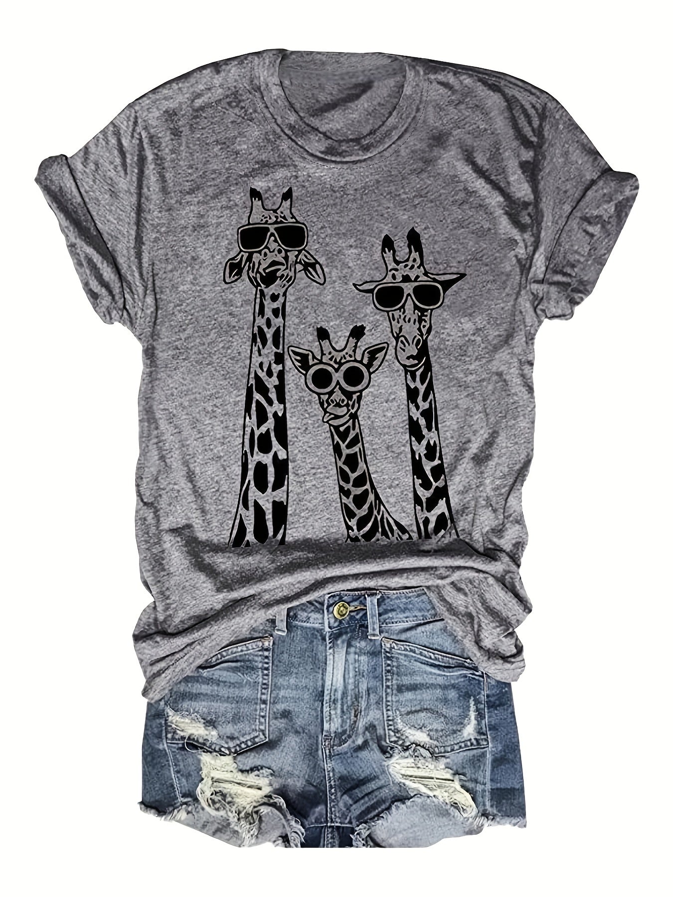 Women's Casual Short Sleeve T-Shirt with Giraffe Print & Fashion Glasses Design - Dark Blue Round Neck Tee, Machine Washable All-Season Comfort Fit, Easy Care Clothing