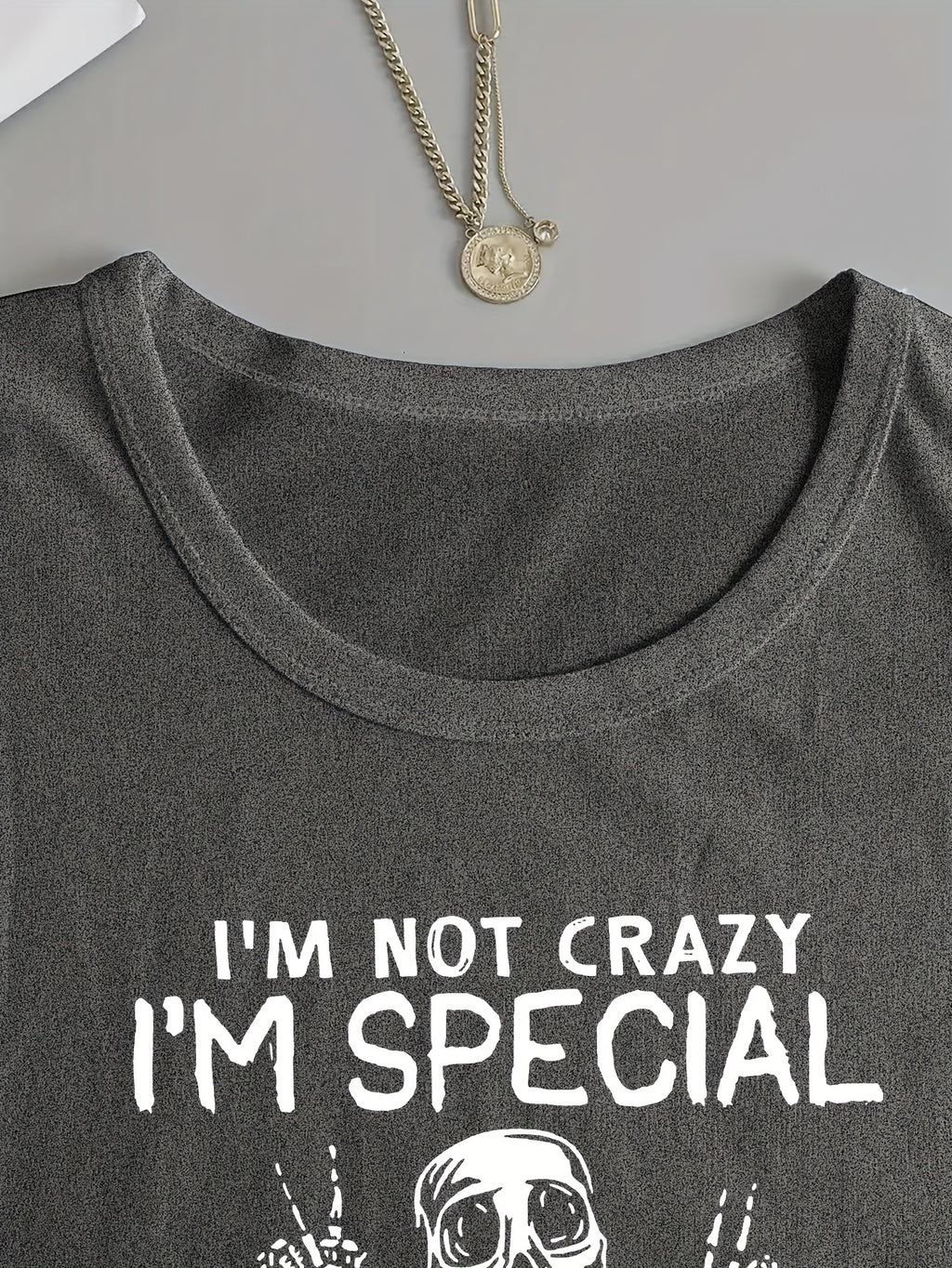 [Graphic T-Shirt] Humorous Graphic Women's Long Sleeve T-Shirt | "I'm Not Crazy" Letter Print Crew Neck Casual Top, Heather Gray, Machine Washable, Spring & Fall Essential, Allseason Fabric