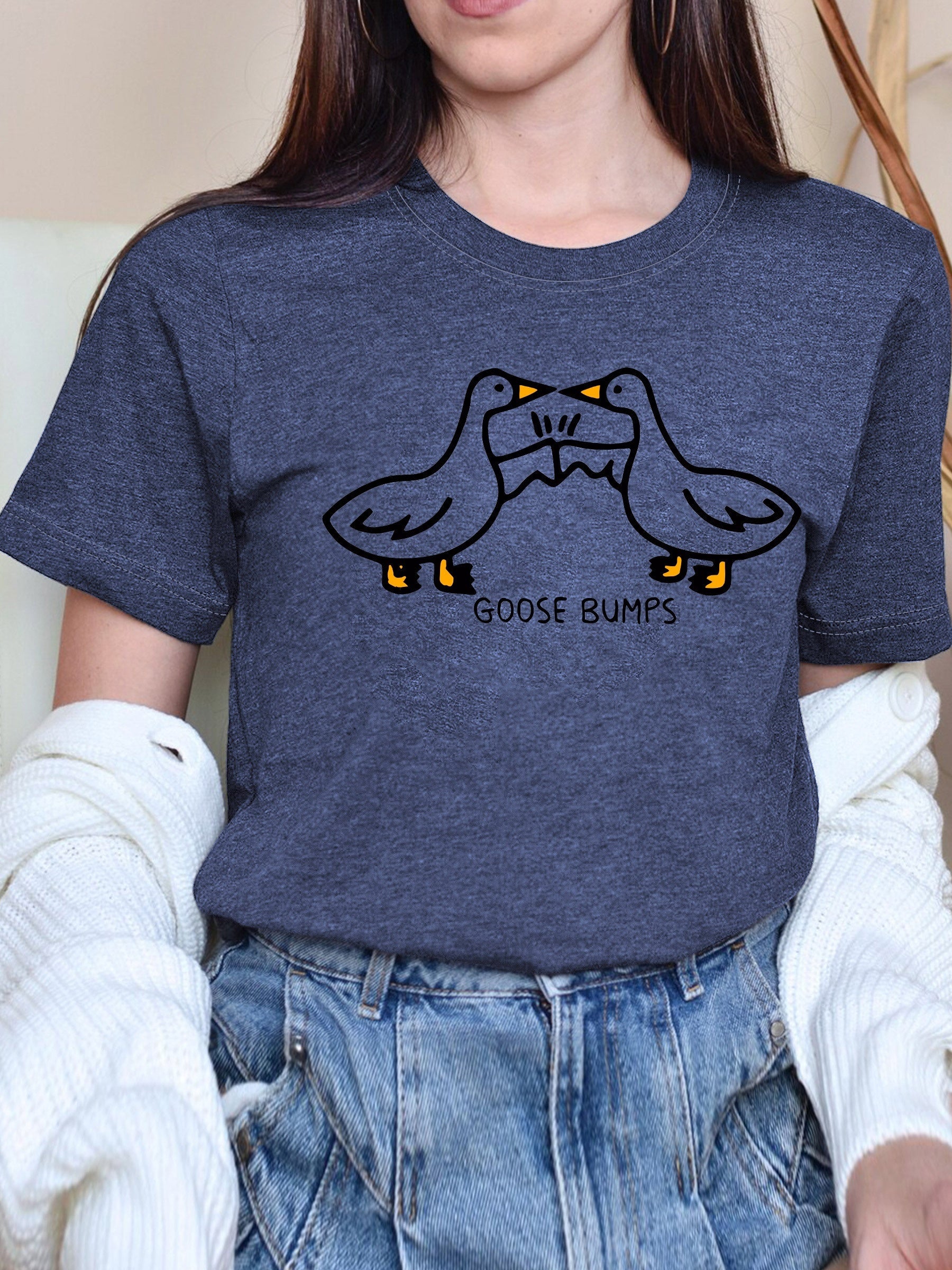 Women's Navy Blue Goose Bumps Graphic T-Shirt - Vintage Casual Short Sleeve Top with Playful Goose Design, Round Neck, Machine Washable, Spring Summer Fall Essential (S-XXL), Spring Summer Apparel, Animal Print Shirt, Comfortable Fit Shirt