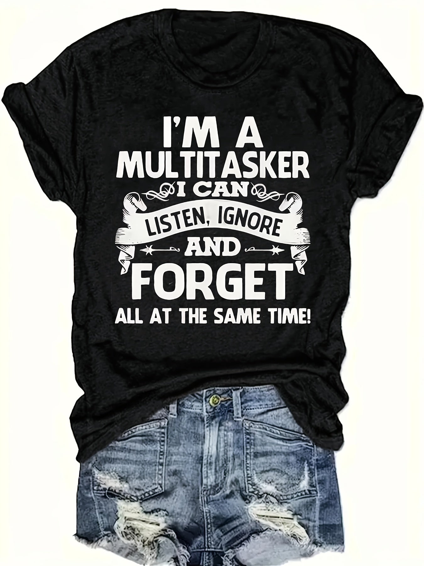 Women's Casual Short Sleeve T-Shirt with Funny Multitasker Slogan Print - Black & White Letter Graphic Tee, Round Neck, Machine Washable, Spring Summer Fall Essential, Ladies T Shirts, Seasonal Fashion, Flattering Fit Shirt, Comfortable Fabric, Versatile