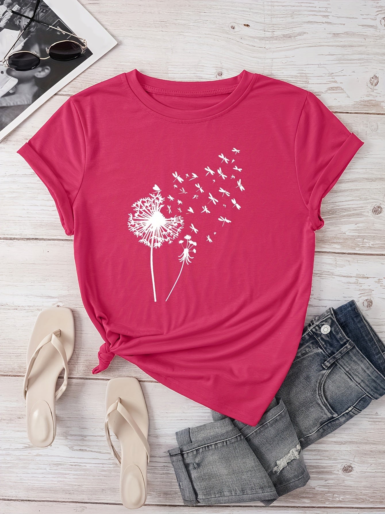 Dandelion Print Crew Neck T-Shirt, Casual Short Sleeve T-Shirt For Spring & Summer, Women's Clothing