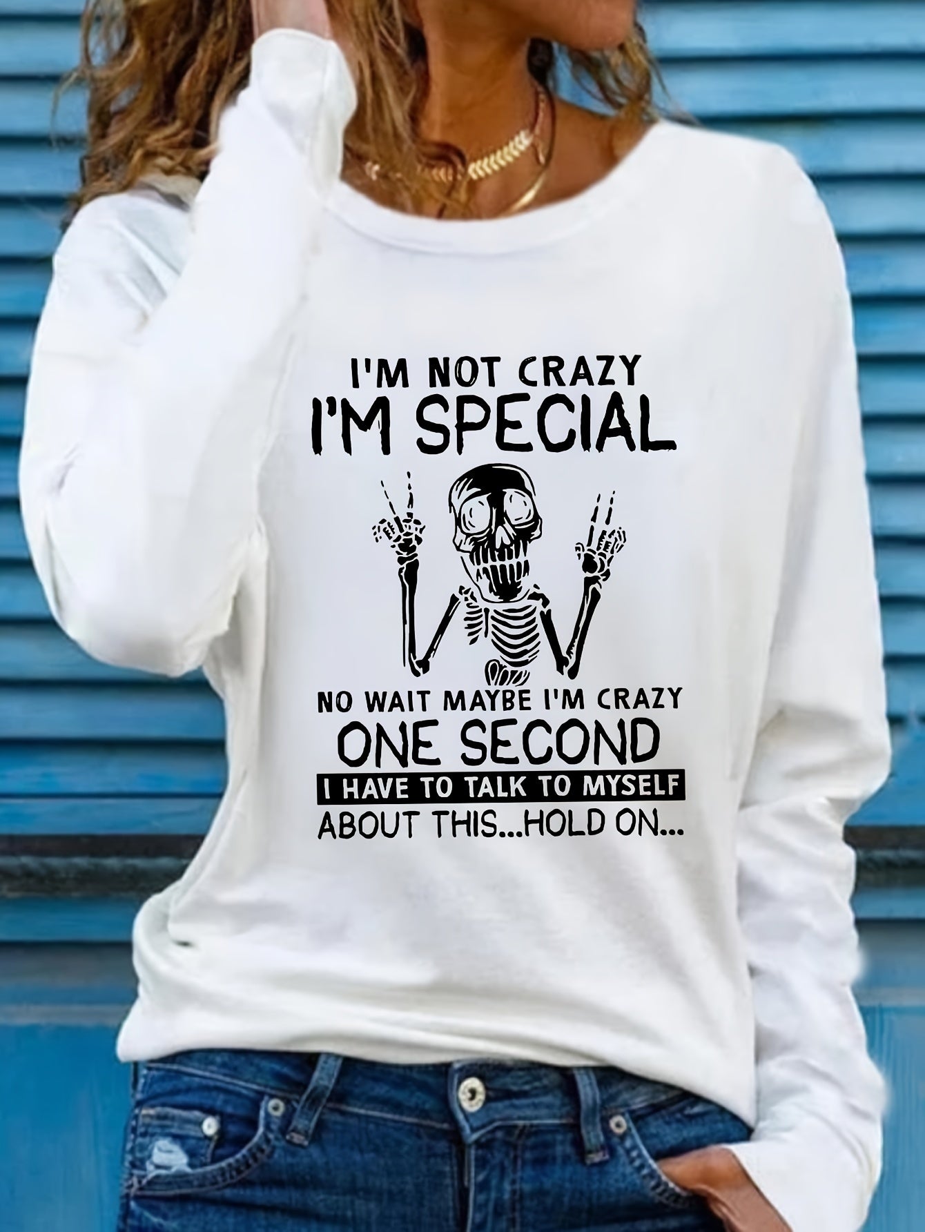 [Graphic T-Shirt] Humorous Graphic Women's Long Sleeve T-Shirt | "I'm Not Crazy" Letter Print Crew Neck Casual Top, Heather Gray, Machine Washable, Spring & Fall Essential, Allseason Fabric