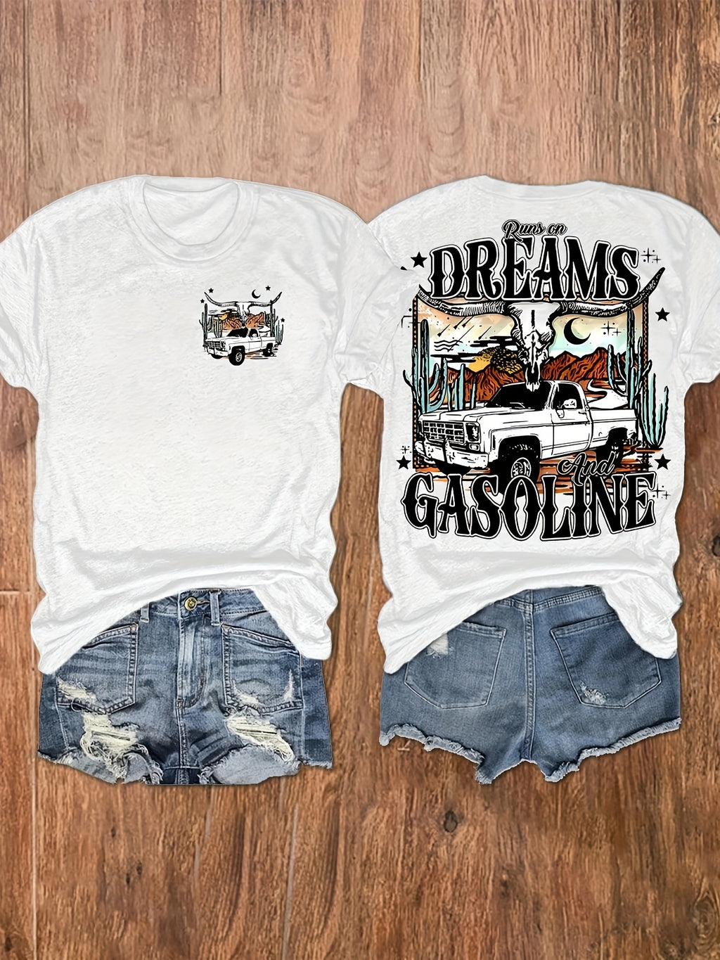 Women's Western Graphic Print T-Shirt - "DREAMS & GASOLINE" Desert Night Sky Design, Soft Stretch Crew Neck Short Sleeve Top for Summer & Spring, Casual Vacation Tee, Leisure Clothing, Cowboy Aesthetic, Nontransparent Fabric