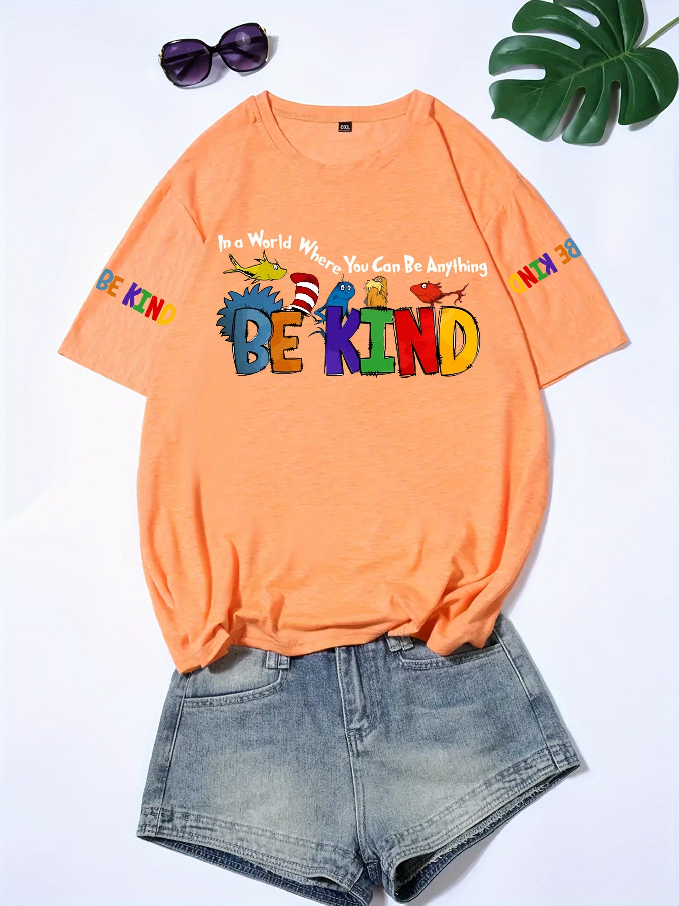 Women's Plus Size Colorful Sleeve T-Shirt - BEKIND Letter Print with Cute Animal & Rainbow Graphic, Vibrant Orange Casual Round Neck Top for Spring Summer Fall, Everyday Comfort Tee, Playful Graphic Tee, Soft Comfortable Material
