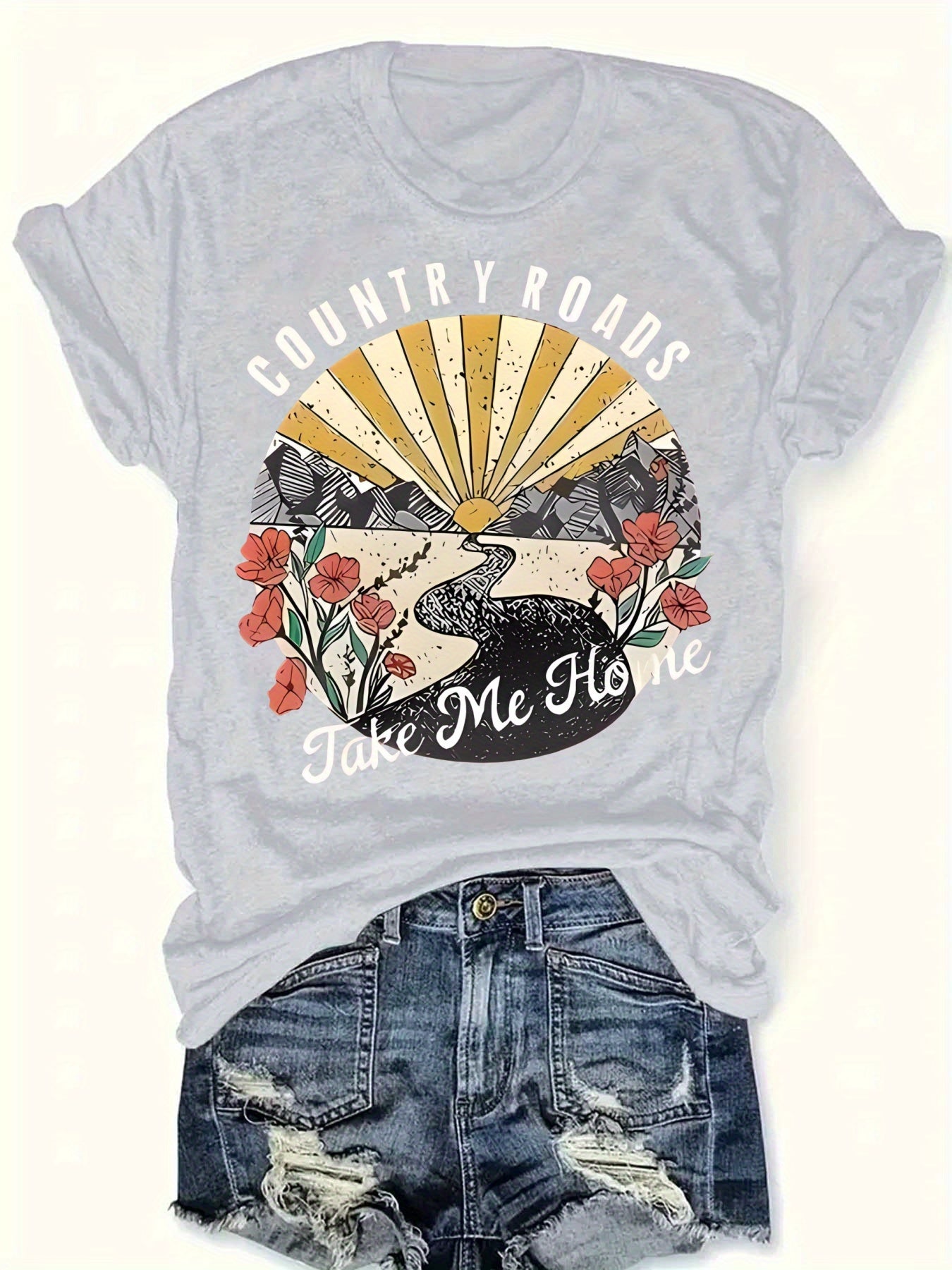 Women's Vibrant Red Graphic Print T-Shirt - Country Roads Take Me Home Design with Sun Rays, Birds & Floral Motifs, Short Sleeve Crew Neck Casual Top, Machine Washable Regular Fit for Summer & Spring, Everyday Comfort, Sunburst Design, Comfortable Tee