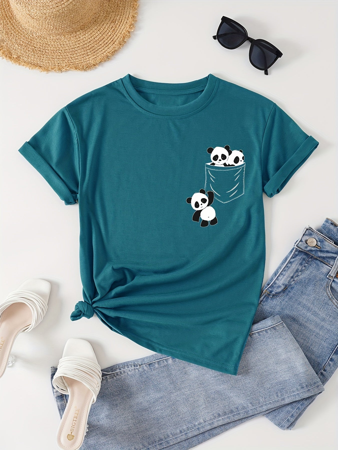 Panda Print Crew Neck T-Shirt, Casual Short Sleeve T-Shirt For Spring & Summer, Women's Clothing