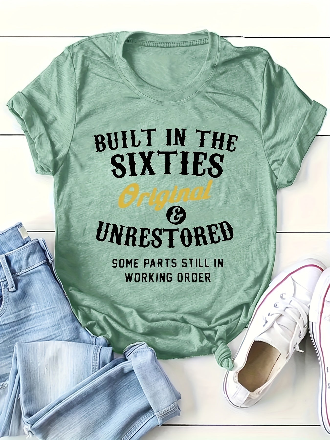 Women'S Mint Green T-Shirt - Built in the Sixties Original Unrestored Design with Bold Yellow Lettering - Vintage 1960s Retro Graphic Tee - Machine Washable Everyday Casual Top for '60s Themed Parties & Everyday Outfits - Lightweight Summer Shirt, Vintage