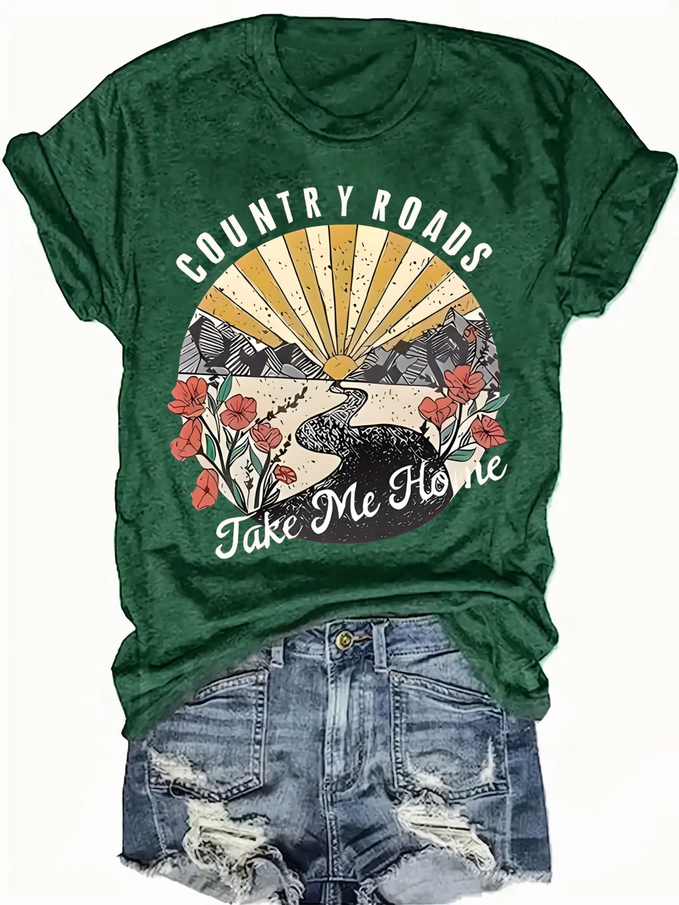 Women's Vibrant Red Graphic Print T-Shirt - Country Roads Take Me Home Design with Sun Rays, Birds & Floral Motifs, Short Sleeve Crew Neck Casual Top, Machine Washable Regular Fit for Summer & Spring, Everyday Comfort, Sunburst Design, Comfortable Tee