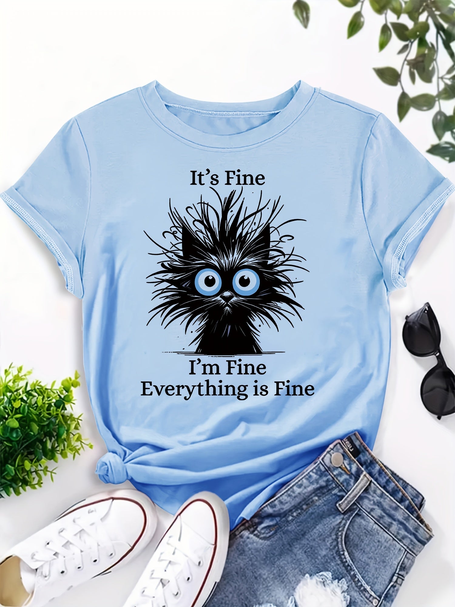 Women's Light Blue Casual Short Sleeve T-Shirt - "It's Fine I'm Fine Everything Is Fine" Sarcastic Cat Graphic Print, Round Neck Summer Fit, Medium Stretch Machine Washable Tee, Cat T Shirt, Everyday Apparel, Playful Design, Stretchy Fabric