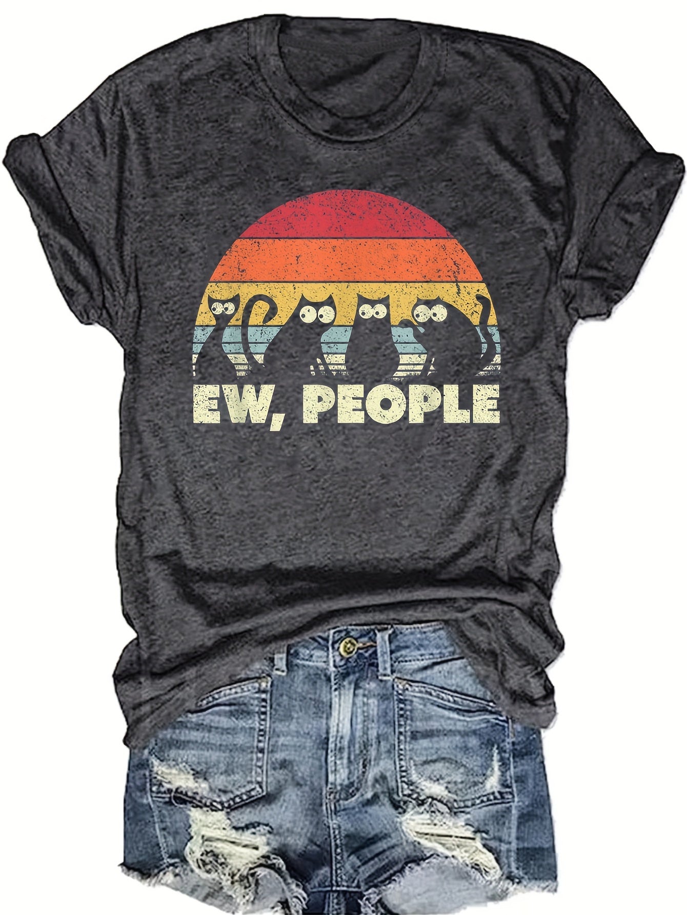 Funny Cat Print Crew Neck T-shirt, Casual Short Sleeve Top For Spring & Summer, Women's Clothing