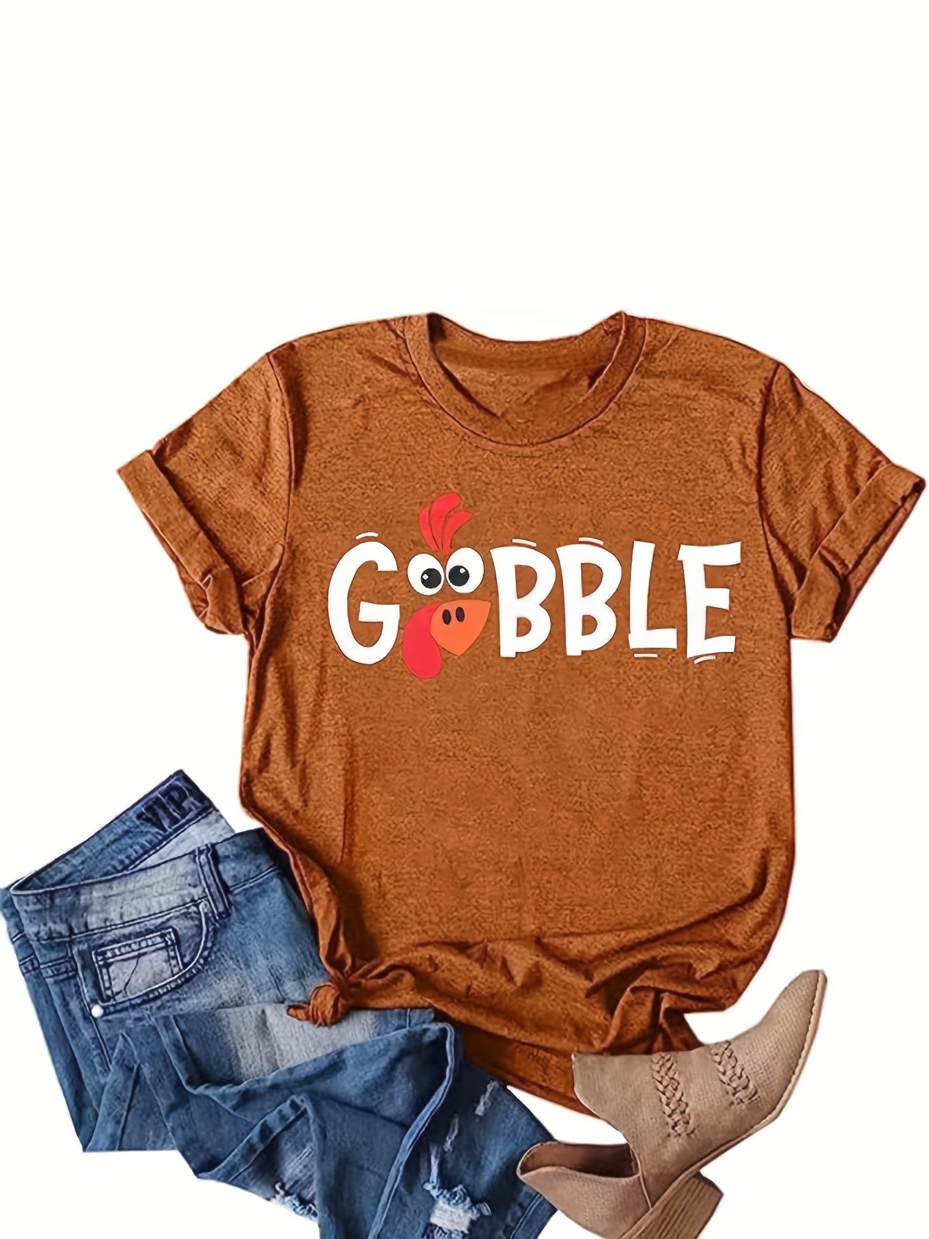 Turkey Graphic Print T-shirt, Casual Short Sleeve Crew Neck T-shirt For Spring & Summer, Women's Clothing