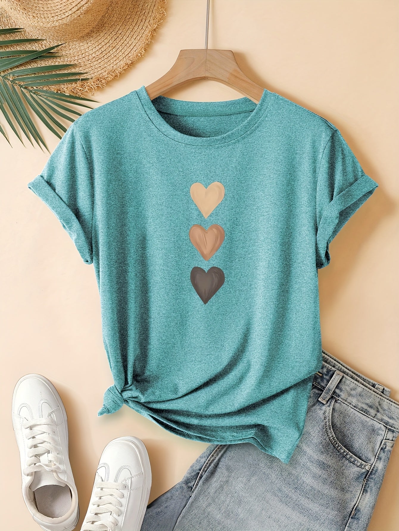 Women'S Retro Heart Print T-Shirt - Casual & Sporty Round Neck Short Sleeve Top, Medium Stretch, Dark Gray with Golden Hearts, Perfect for Spring/Summer/Fall, Casual Summer Top | Retro Heart Design | Medium Stretch Fabric