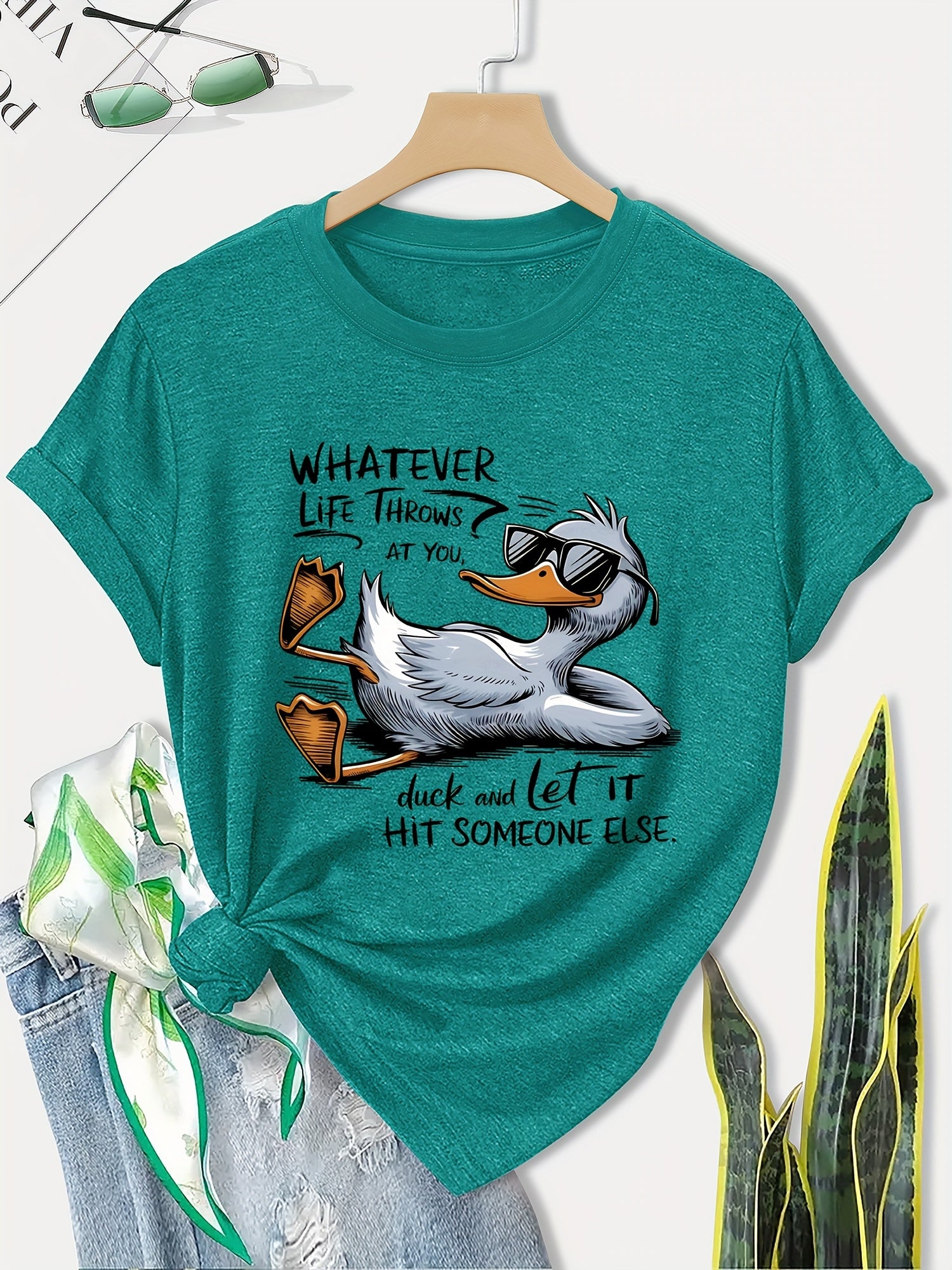Women's Olive Green Casual T-Shirt with Cute Duck Graphic & Humorous Quote - Soft Breathable Fabric, Relaxed Fit Round Neck Short Sleeve Top for Casual Attire, Machine Washable, Ladies T Shirts