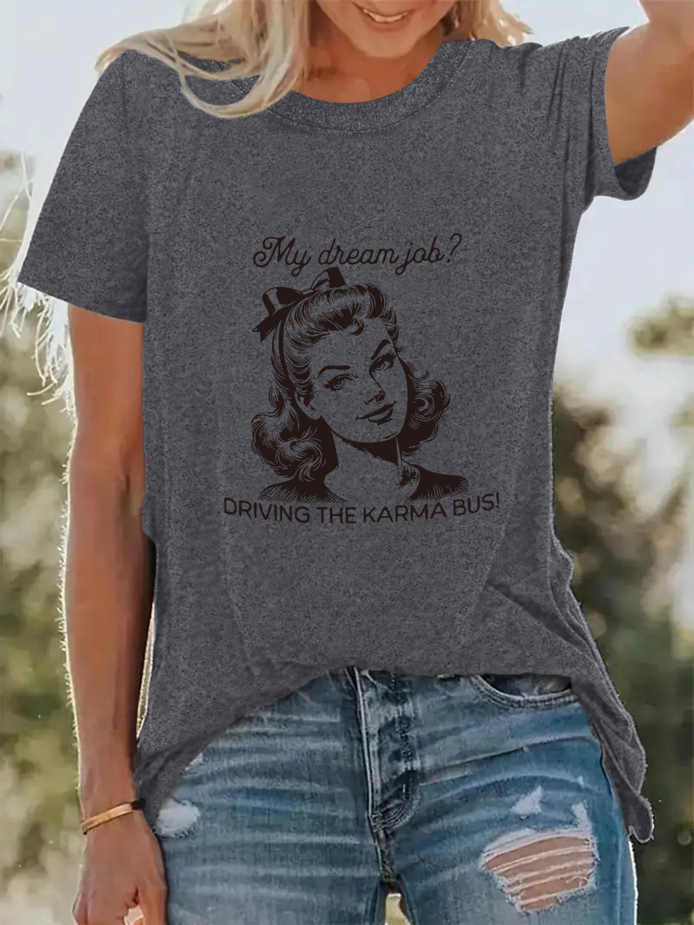 Women'S "My Dream Job? Driving the Karmabus!" Graphic Tee - Casual Crew Neck, Stretchy Polyester Blend, Short Sleeve, Machine Washable - Perfect for Spring & Summer Vacations, Vacation Clothing | Playful Print | Comfortable Fit, Ladies T Shirts