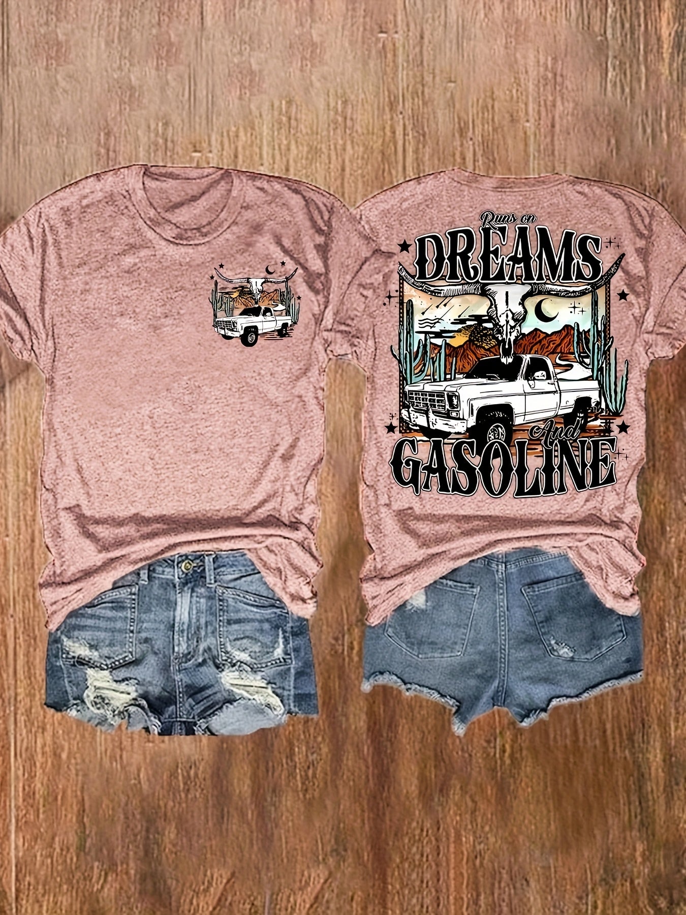 Women's Western Graphic Print T-Shirt - "DREAMS & GASOLINE" Desert Night Sky Design, Soft Stretch Crew Neck Short Sleeve Top for Summer & Spring, Casual Vacation Tee, Leisure Clothing, Cowboy Aesthetic, Nontransparent Fabric