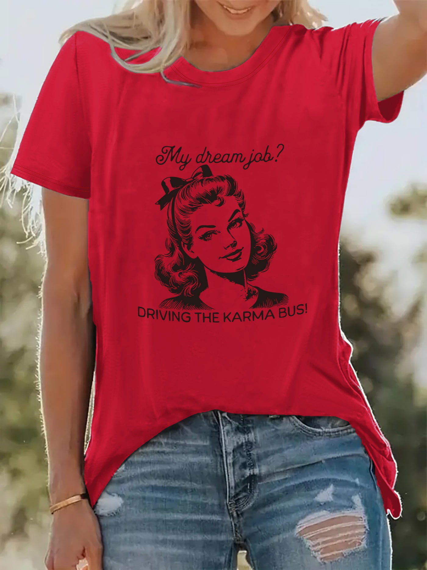 Women'S "My Dream Job? Driving the Karmabus!" Graphic Tee - Casual Crew Neck, Stretchy Polyester Blend, Short Sleeve, Machine Washable - Perfect for Spring & Summer Vacations, Vacation Clothing | Playful Print | Comfortable Fit, Ladies T Shirts