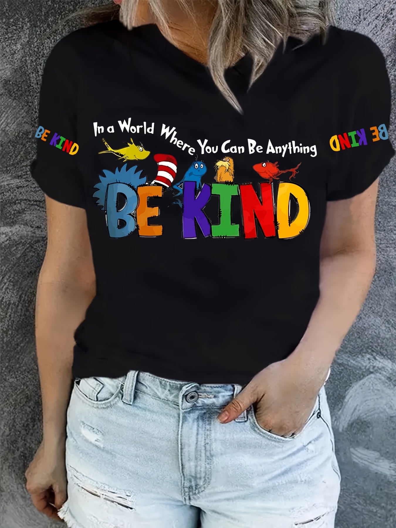 Women's Plus Size Colorful Sleeve T-Shirt - BEKIND Letter Print with Cute Animal & Rainbow Graphic, Vibrant Orange Casual Round Neck Top for Spring Summer Fall, Everyday Comfort Tee, Playful Graphic Tee, Soft Comfortable Material