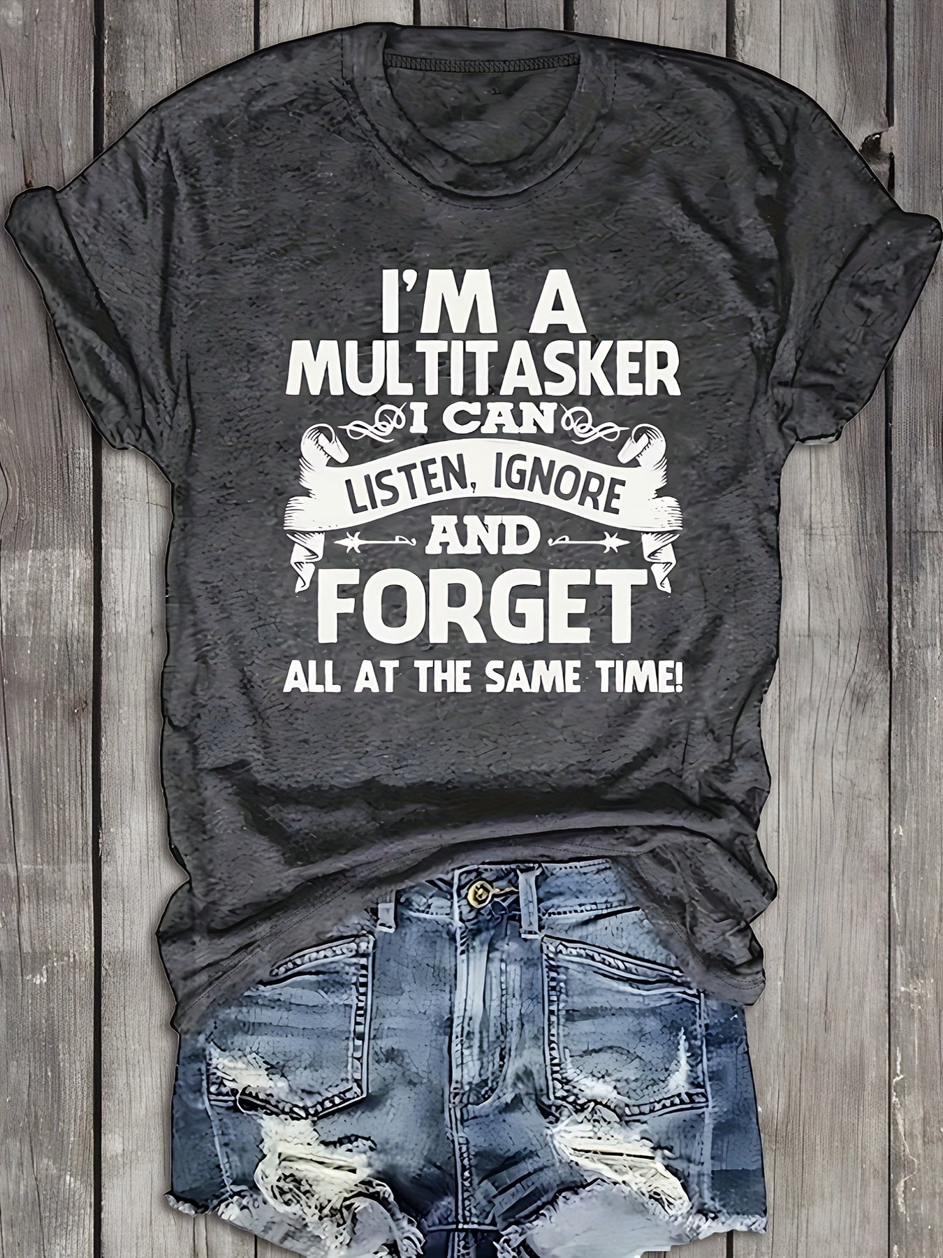 Women's Casual Short Sleeve T-Shirt with Funny Multitasker Slogan Print - Black & White Letter Graphic Tee, Round Neck, Machine Washable, Spring Summer Fall Essential, Ladies T Shirts, Seasonal Fashion, Flattering Fit Shirt, Comfortable Fabric, Versatile