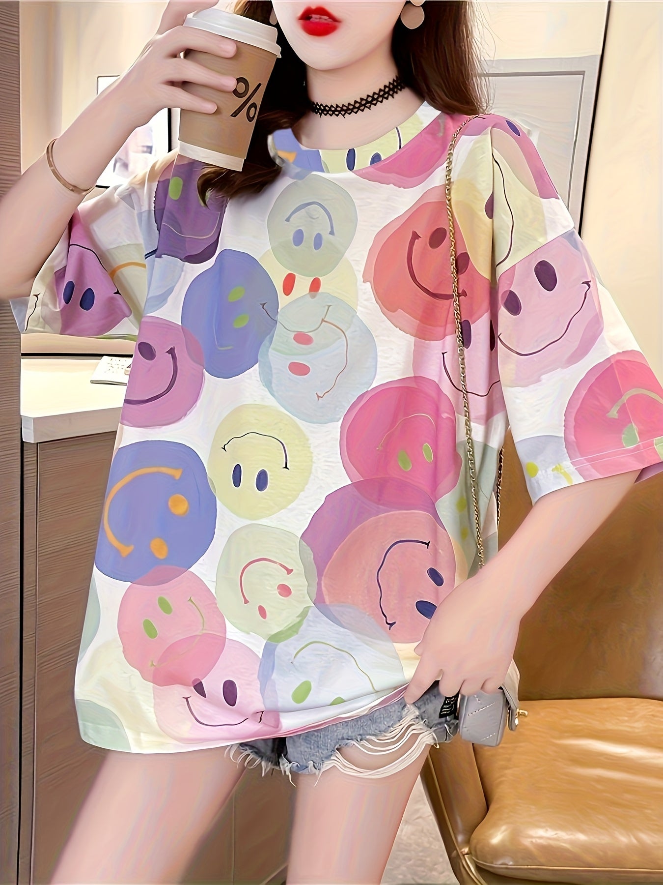 Women's Plus Size Slim Loose Fit Cartoon joyful Face Print T-Shirt - Medium Stretch Longline Casual Top, Breathable Round Neck Short Sleeve for Spring Summer Fall, Machine Washable, Cute T Shirts, Comfortable Clothing, Nontransparent Material