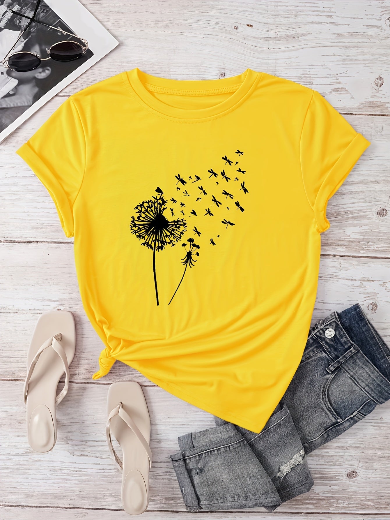 Dandelion Print Crew Neck T-Shirt, Casual Short Sleeve T-Shirt For Spring & Summer, Women's Clothing
