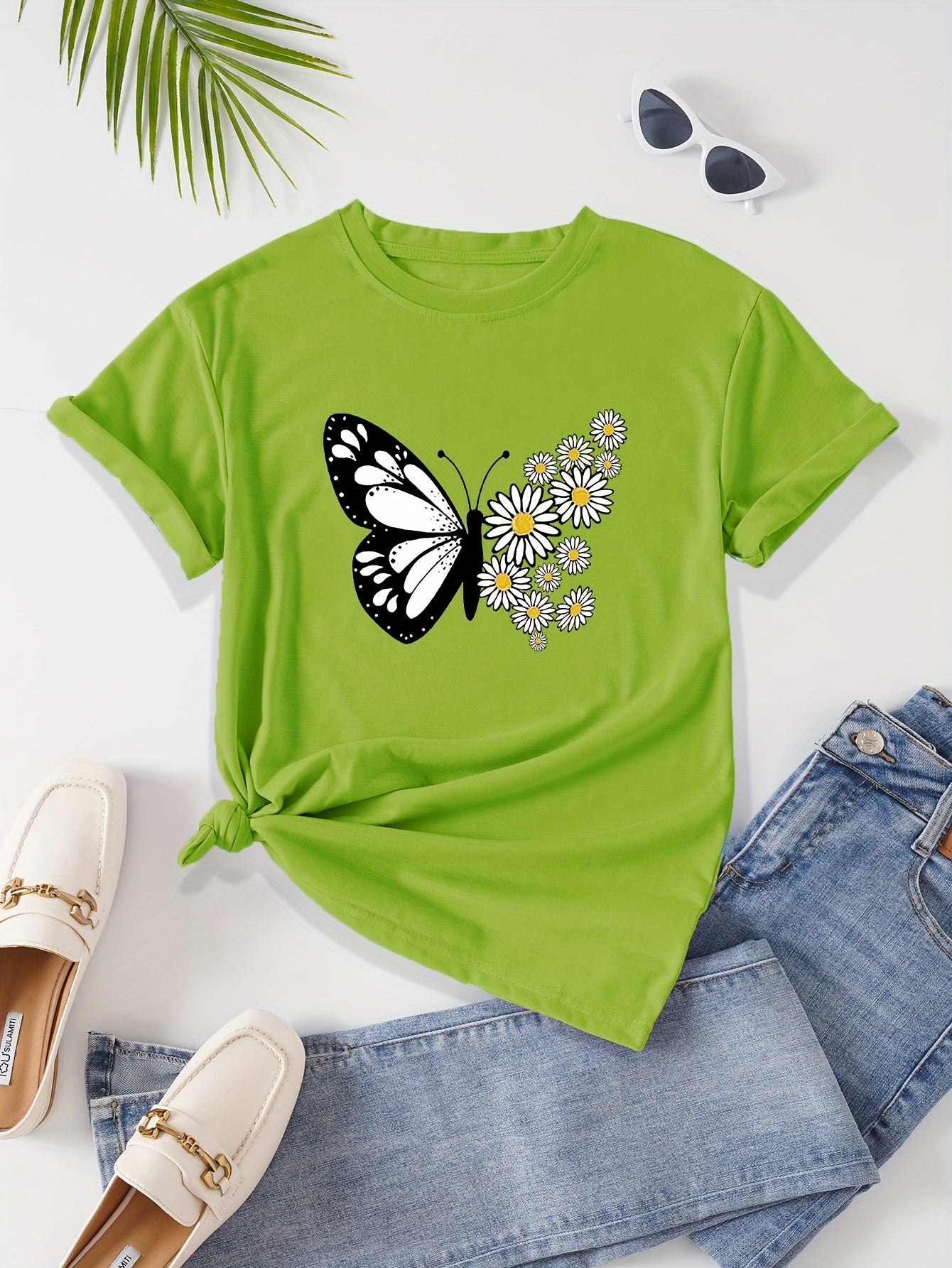 Women's Casual Butterfly & Daisy Floral Print Round Neck T-Shirt - Olive Green, Machine Washable, Regular Fit for Casual Attire, Allseason Fashion, Relaxed Style, Nontransparent Fabric