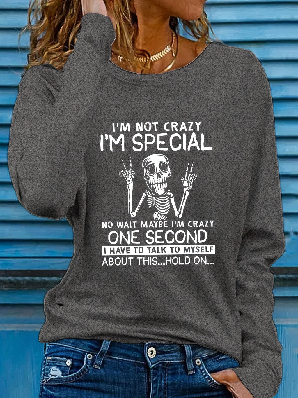 [Graphic T-Shirt] Humorous Graphic Women's Long Sleeve T-Shirt | "I'm Not Crazy" Letter Print Crew Neck Casual Top, Heather Gray, Machine Washable, Spring & Fall Essential, Allseason Fabric