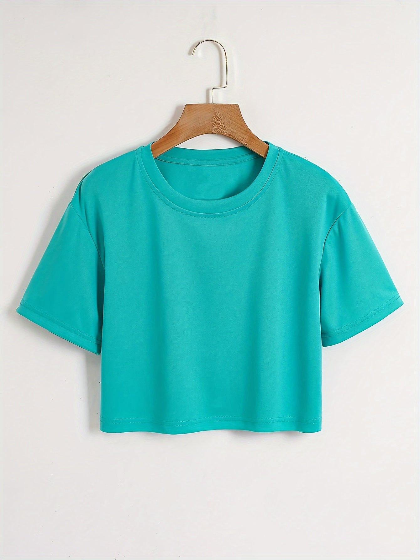 Women'S Casual Crew Neck Short Sleeve T-Shirt - Light Blue with White Graphic Print, Soft Polyester Blend, Summer Essential for Casual Attire, Ladies T Shirts