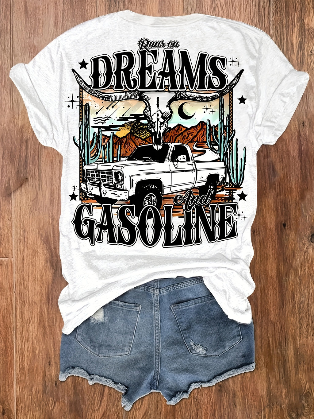 Women's Western Graphic Print T-Shirt - "DREAMS & GASOLINE" Desert Night Sky Design, Soft Stretch Crew Neck Short Sleeve Top for Summer & Spring, Casual Vacation Tee, Leisure Clothing, Cowboy Aesthetic, Nontransparent Fabric