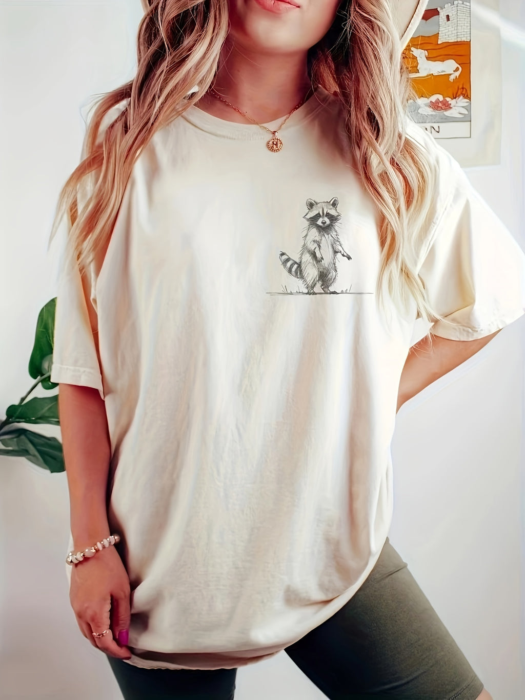 For Spring & Summer, Casual Short Sleeve Raccoon Print Crew Neck T-Shirt, Women's Clothing