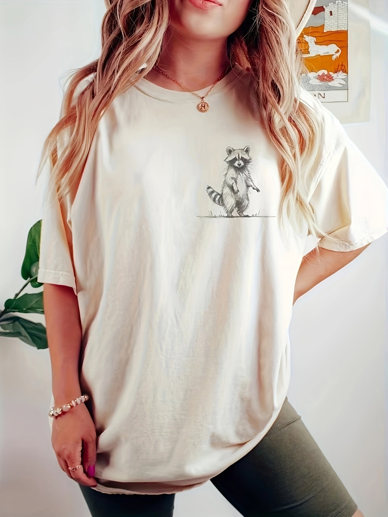 For Spring & Summer, Casual Short Sleeve Raccoon Print Crew Neck T-Shirt, Women's Clothing