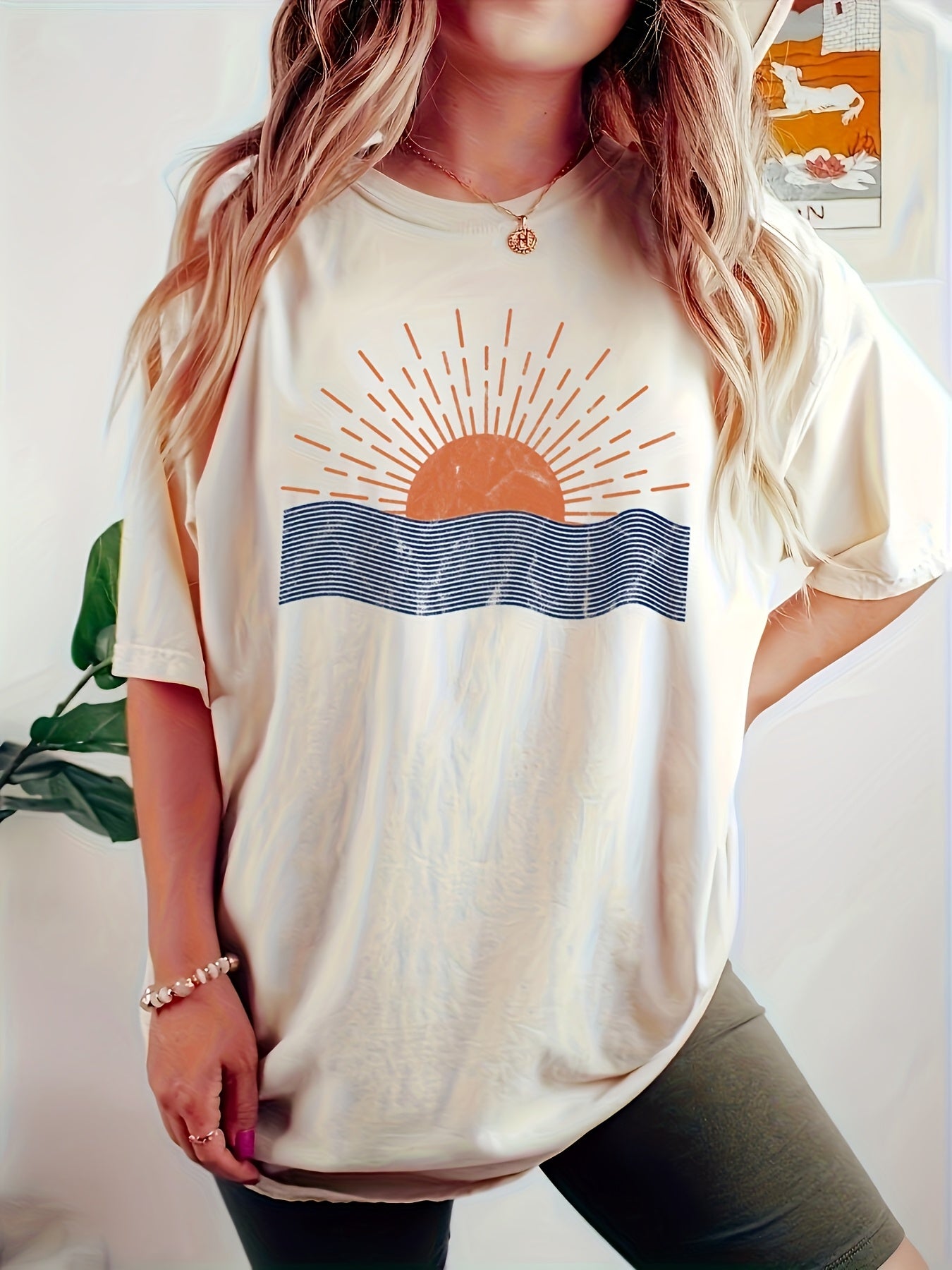Sun Print Crew Neck T-shirt, Short Sleeve Casual Top For Spring & Summer, Women's Clothing