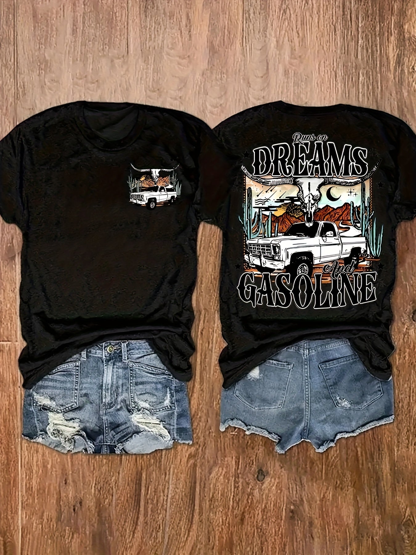 Women's Western Graphic Print T-Shirt - "DREAMS & GASOLINE" Desert Night Sky Design, Soft Stretch Crew Neck Short Sleeve Top for Summer & Spring, Casual Vacation Tee, Leisure Clothing, Cowboy Aesthetic, Nontransparent Fabric