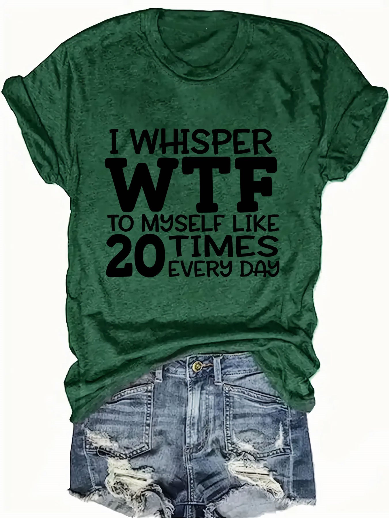 [Casual Polyester T-Shirt] Polyester Women's Casual T-Shirt | "I Whisper WTF" Letter Print, Short Sleeve Crew Neck Top, Knit Fabric, Regular Length - 100% Polyester, 180g/m², All Seasons