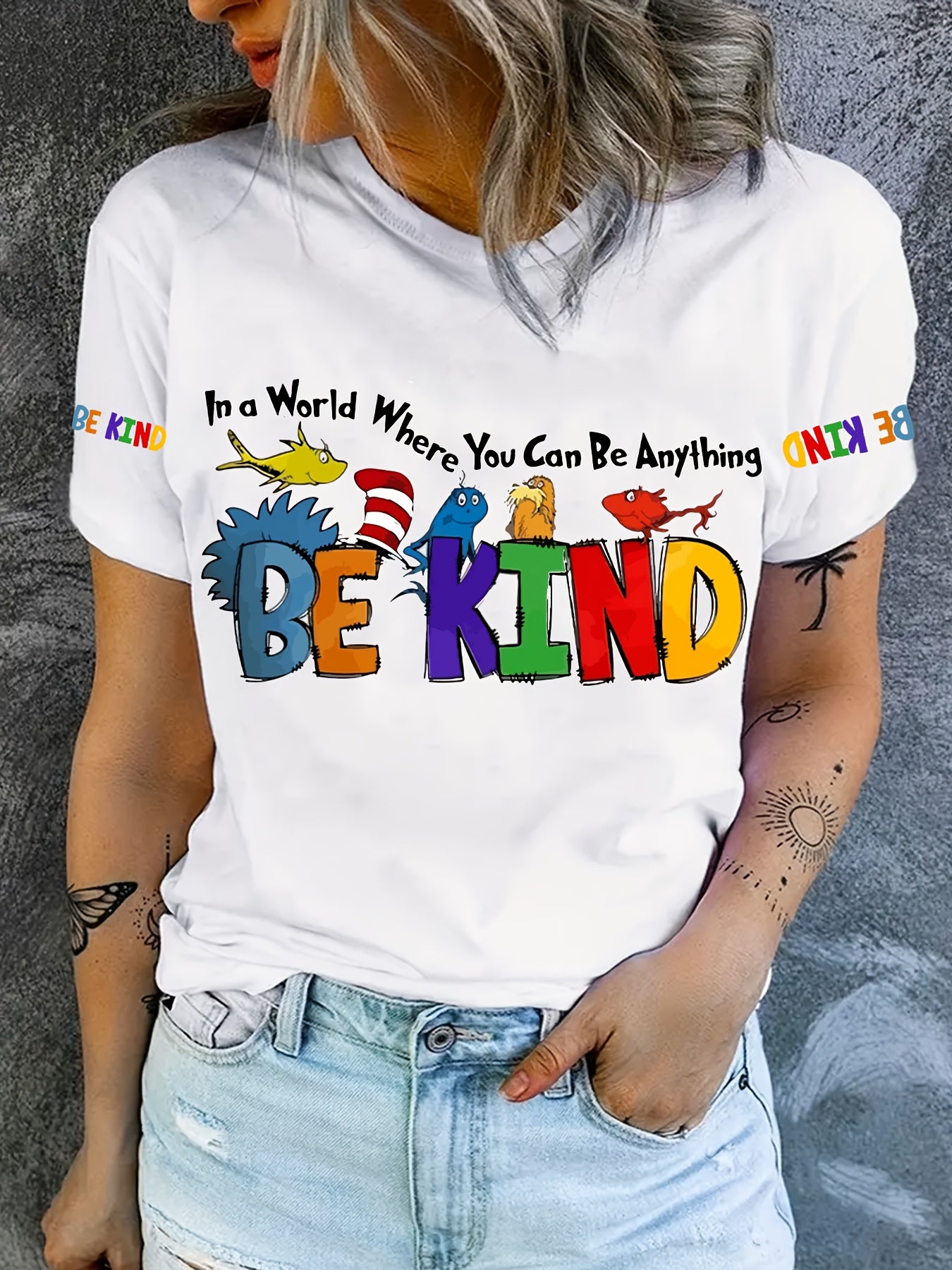 Women's Plus Size Colorful Sleeve T-Shirt - BEKIND Letter Print with Cute Animal & Rainbow Graphic, Vibrant Orange Casual Round Neck Top for Spring Summer Fall, Everyday Comfort Tee, Playful Graphic Tee, Soft Comfortable Material