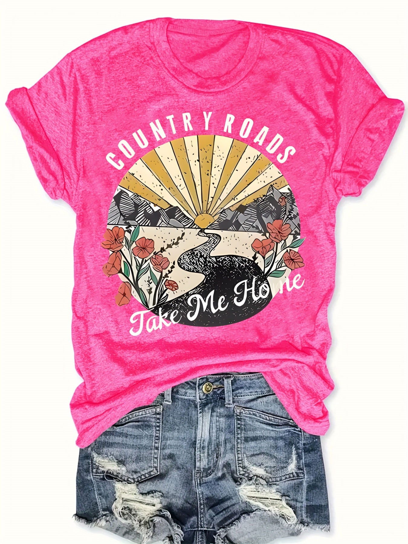 Women's Vibrant Red Graphic Print T-Shirt - Country Roads Take Me Home Design with Sun Rays, Birds & Floral Motifs, Short Sleeve Crew Neck Casual Top, Machine Washable Regular Fit for Summer & Spring, Everyday Comfort, Sunburst Design, Comfortable Tee