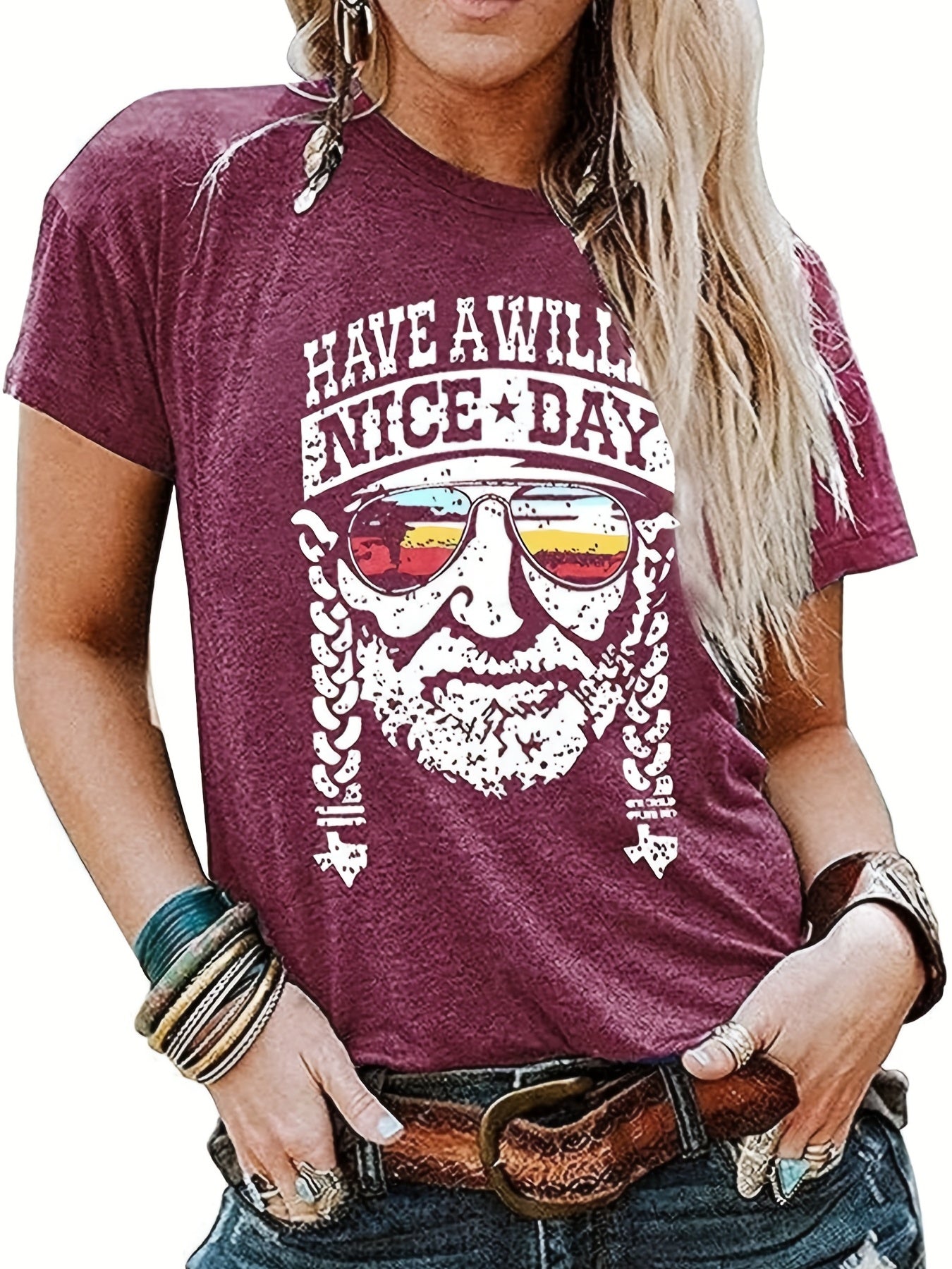 Women's Vintage Portrait Print Crew Neck T-Shirt - Smooth Polyester Micro Elasticity, Casual All-Season Top | Machine Wash Safe | Slight Stretch for Comfort