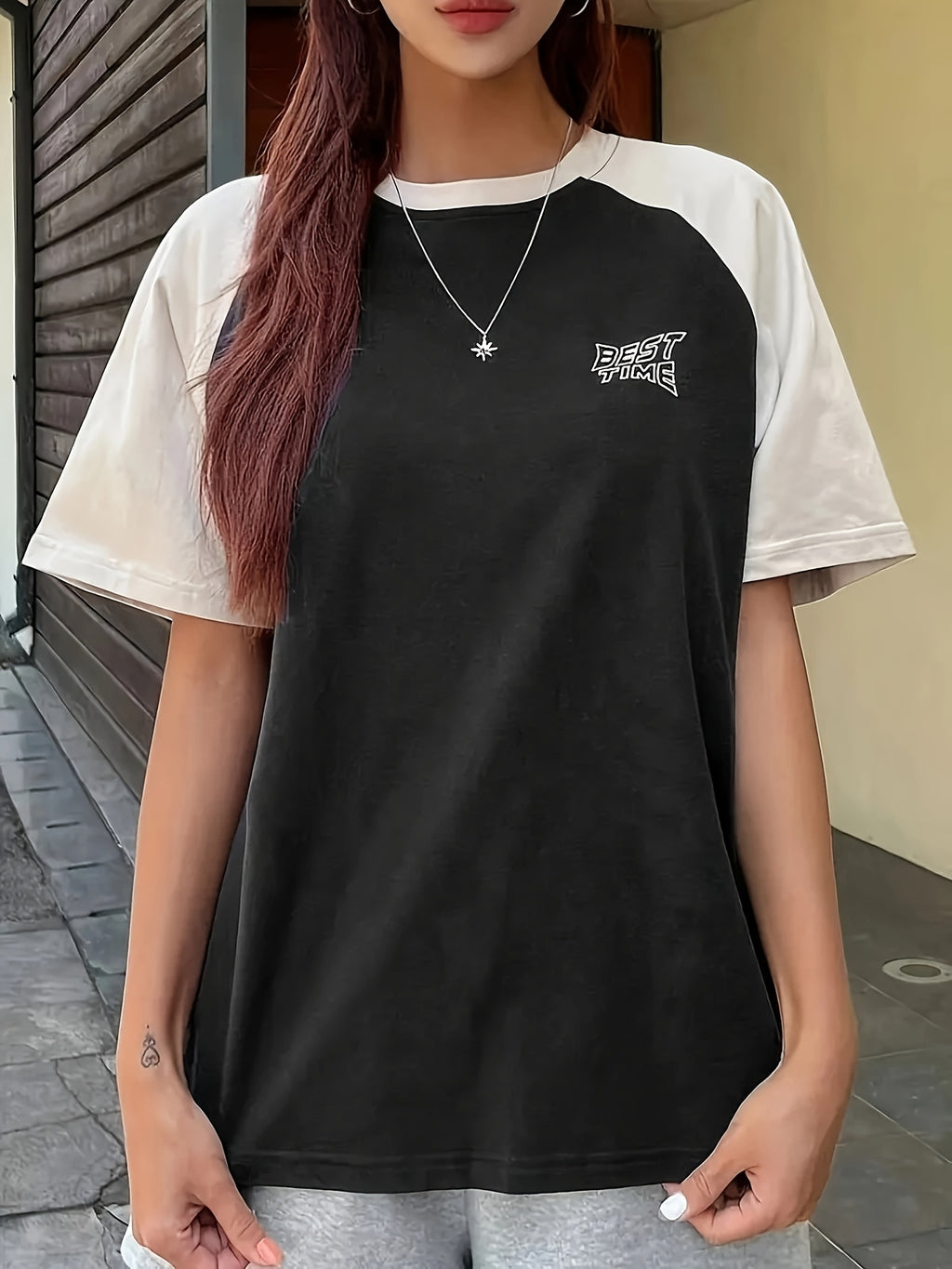 [1pc BEAST T-Shirt] 1pc Women's Casual T-Shirt | Color Block, BEAST Print, Crew Neck, Knit Fabric, Regular Length, All Season Top