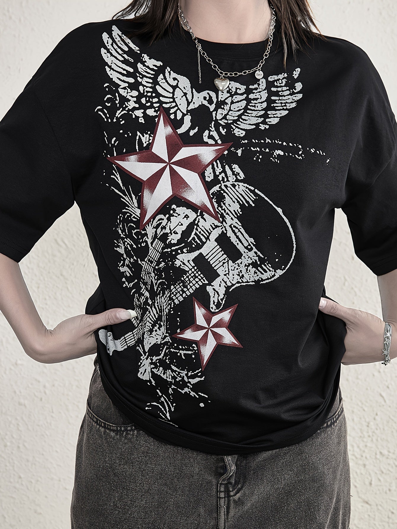Y2K Retro Women's Graphic T-Shirt - Black Geometric Guitar & Wings Print Short Sleeve Round Neck Top, Machine Washable Spring/Summer Casual Tee, Fashionable Graphic Print T Shirt, Summer Clothing, Edgy Casualwear, Durable Fabric