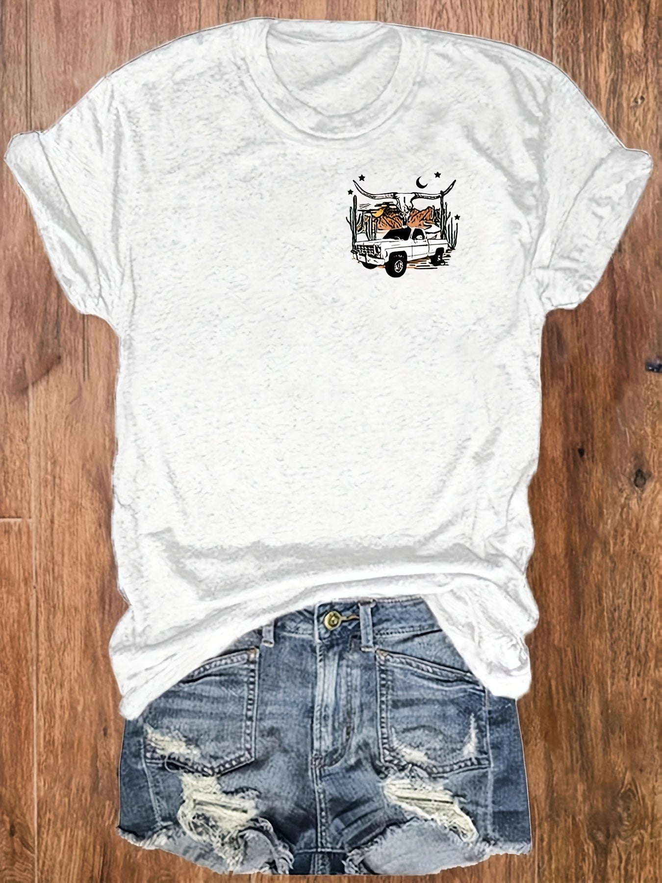 Women's Western Graphic Print T-Shirt - "DREAMS & GASOLINE" Desert Night Sky Design, Soft Stretch Crew Neck Short Sleeve Top for Summer & Spring, Casual Vacation Tee, Leisure Clothing, Cowboy Aesthetic, Nontransparent Fabric