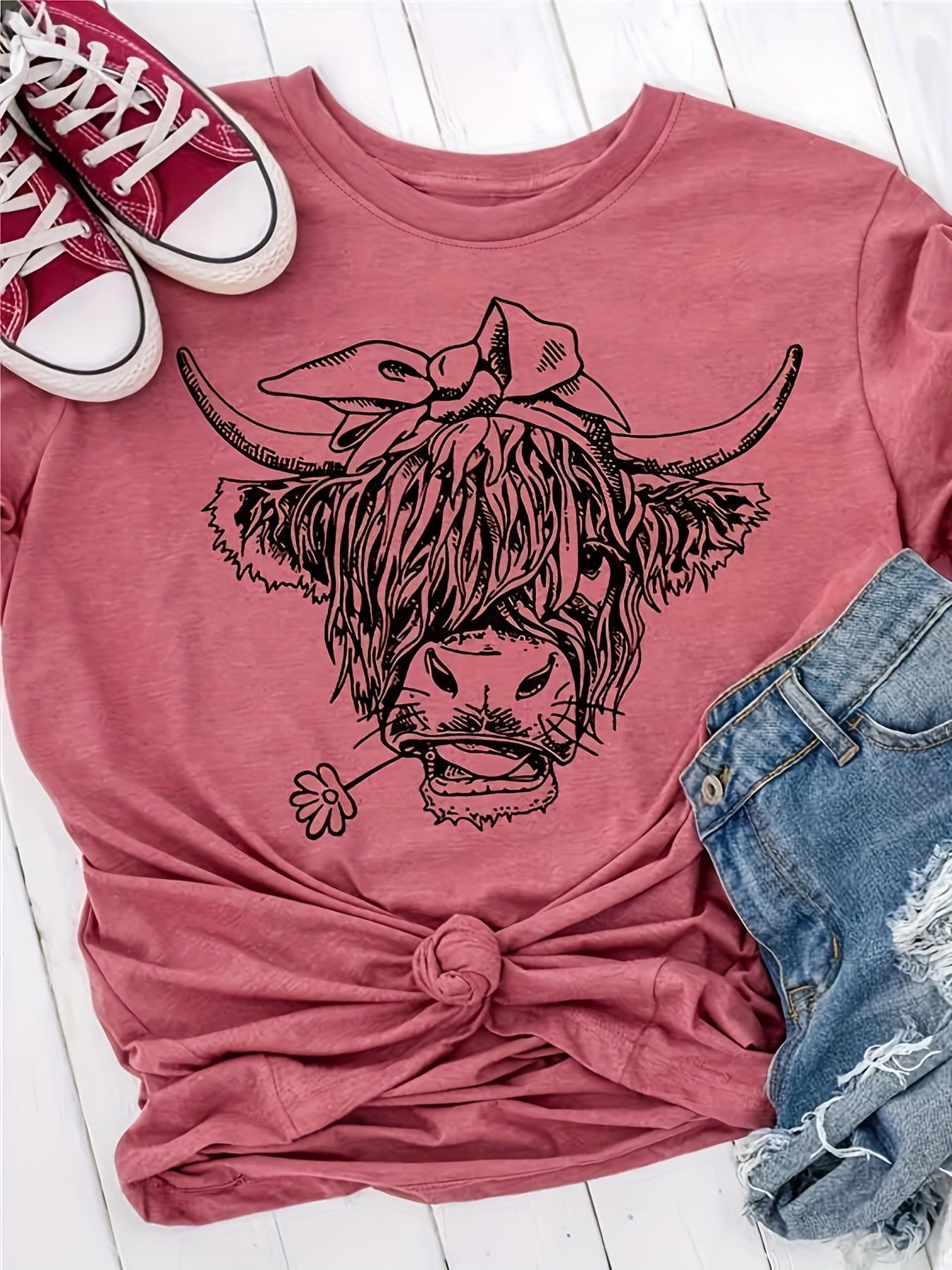 Cow Head Print T-Shirt, Crew Neck Short Sleeve T-Shirt, Casual Every Day Tops, Women's Clothing