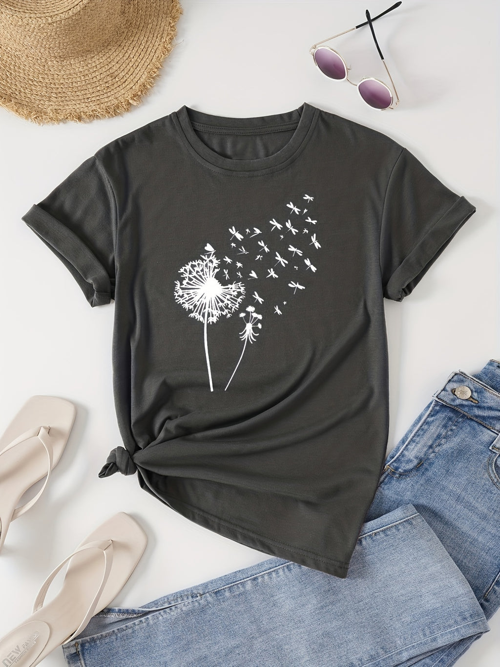 Dandelion Print Crew Neck T-Shirt, Casual Short Sleeve T-Shirt For Spring & Summer, Women's Clothing